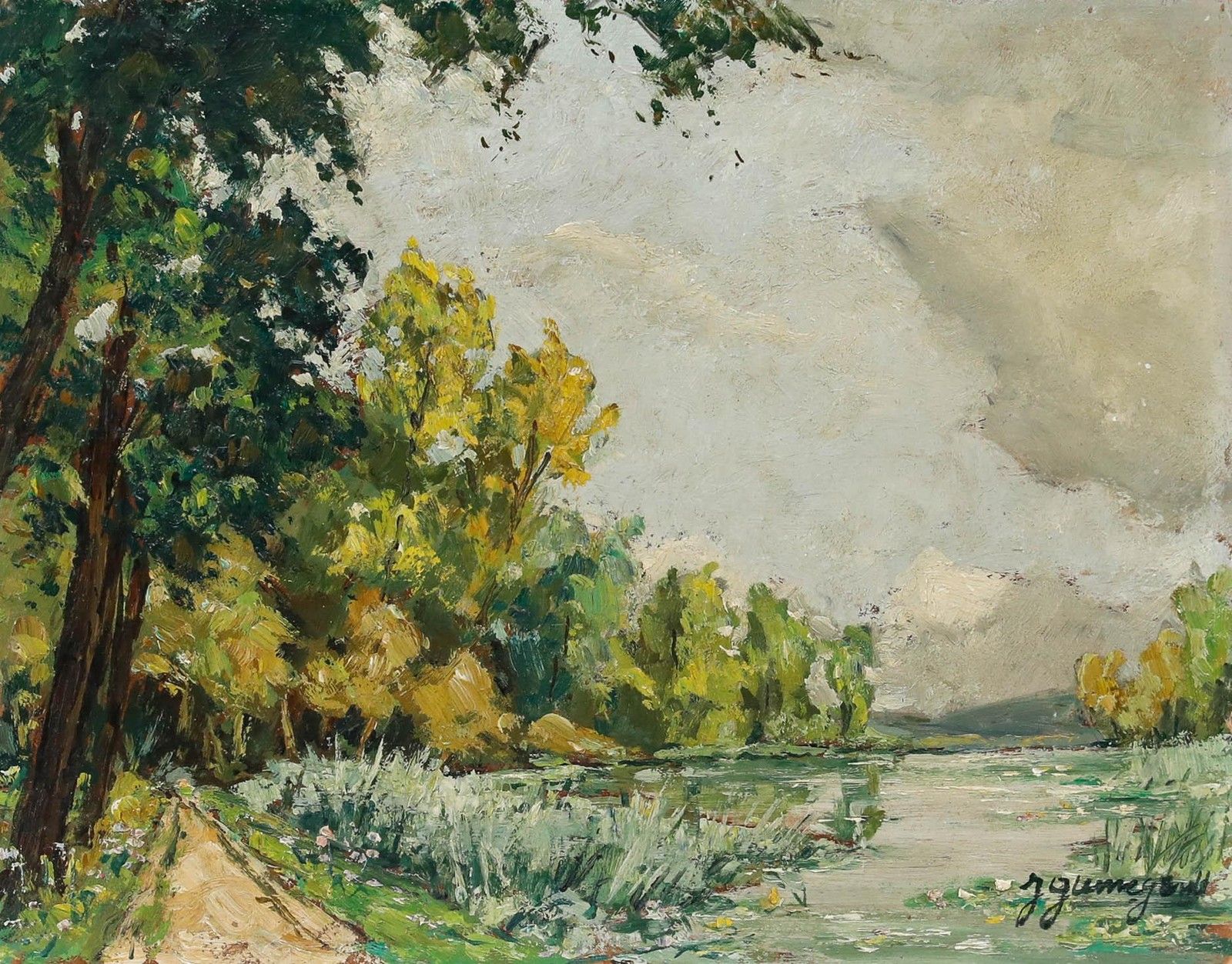 Jean Paul Guinegault (1918 2009) 20th Century Oil, Edge Of The Mayenne River photo furniture