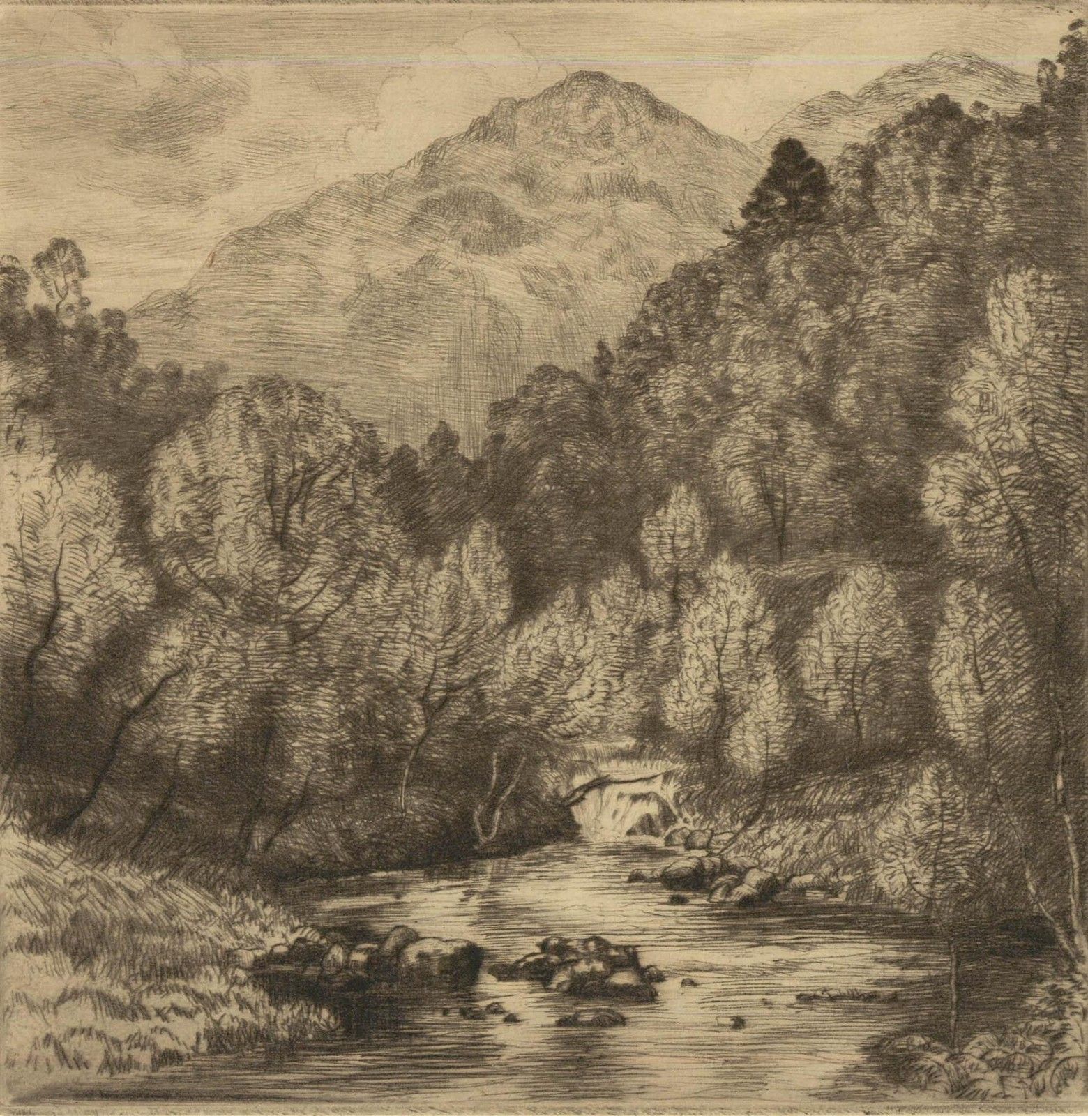 Alfred Blundell (1883–1968) Etching, Waterfall And Mountain Scene photo furniture
