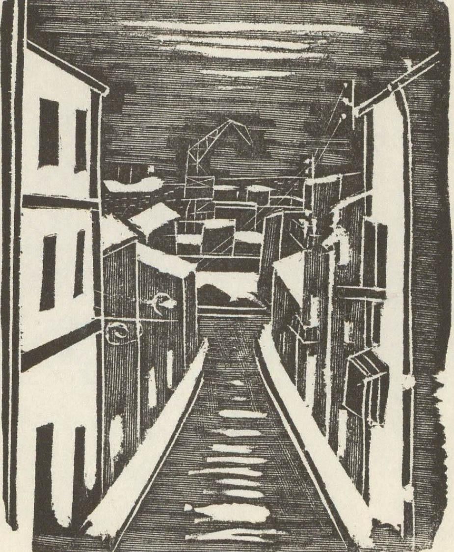 Albert Masri (1927 2020) Mid 20th Century Woodcut, View Of The Docks photo furniture