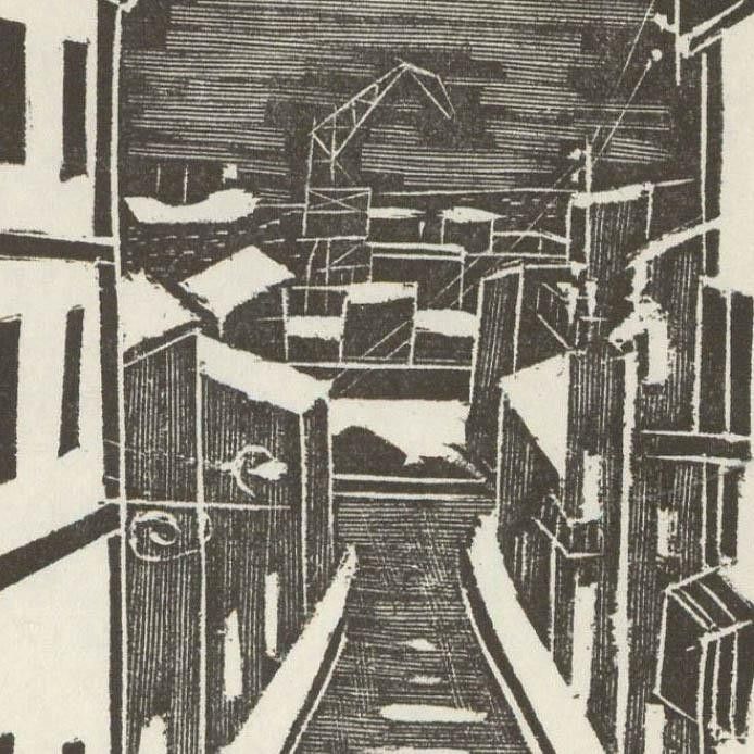 Albert Masri (1927 2020) Mid 20th Century Woodcut, View Of The Docks photo for sale