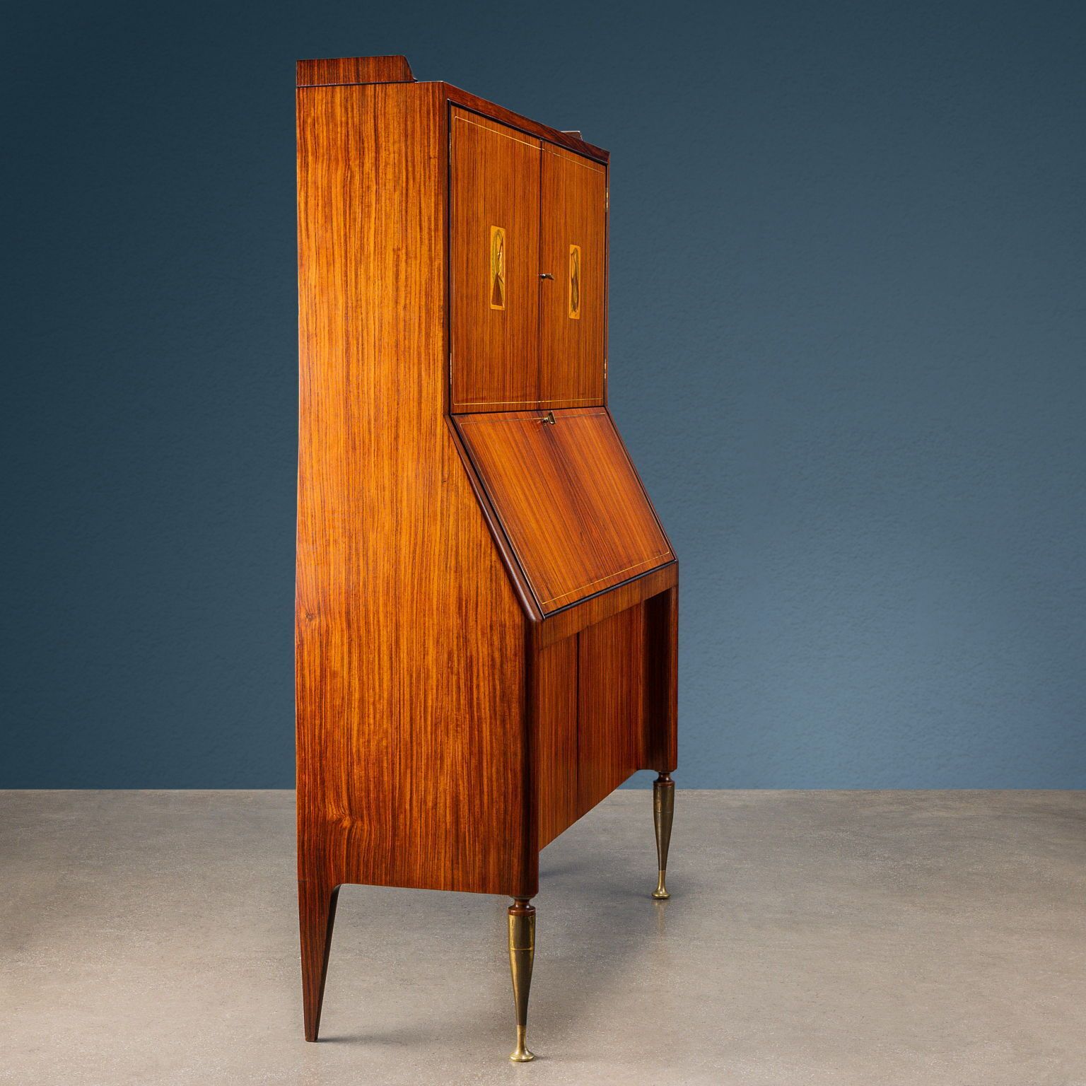 Furniture Vintage Drop Leaf Cabinet Exotic Wood Brass Design 1950s photo