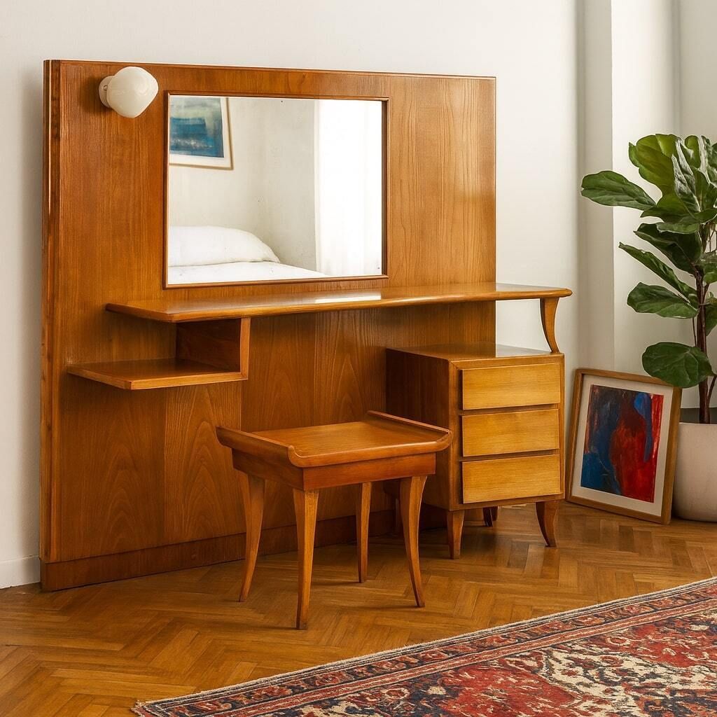 Vintage Dressing Table Oak Veneer Glass Design Italy 1950s 1960s photo furniture