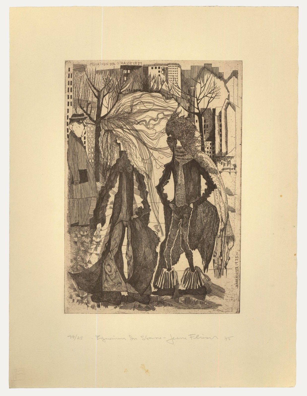 Jeane Flieser (1912 2007) 1975 Etching, Figures In The Street, 1971