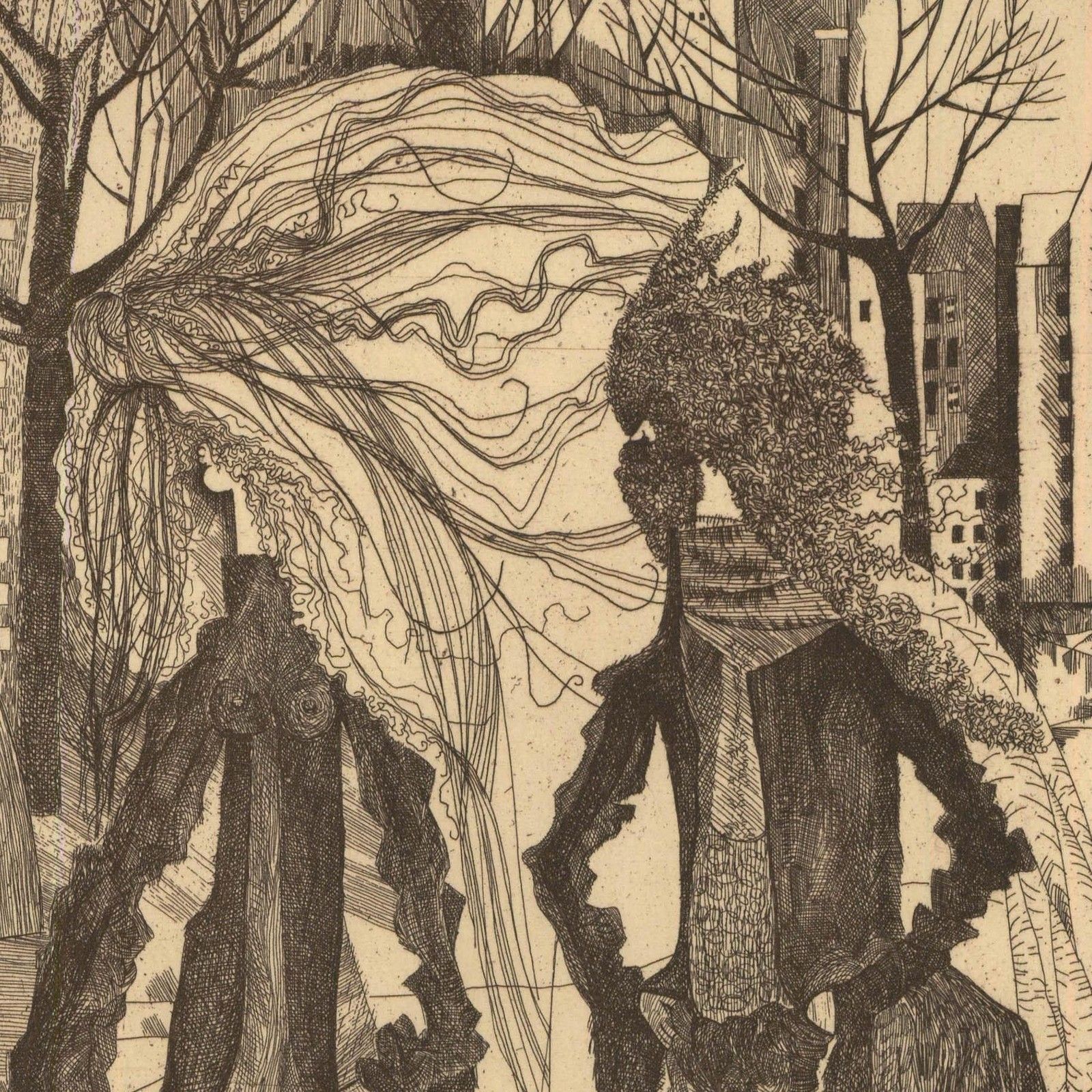 Jeane Flieser (1912 2007) 1975 Etching, Figures In The Street, 1971 photo for sale