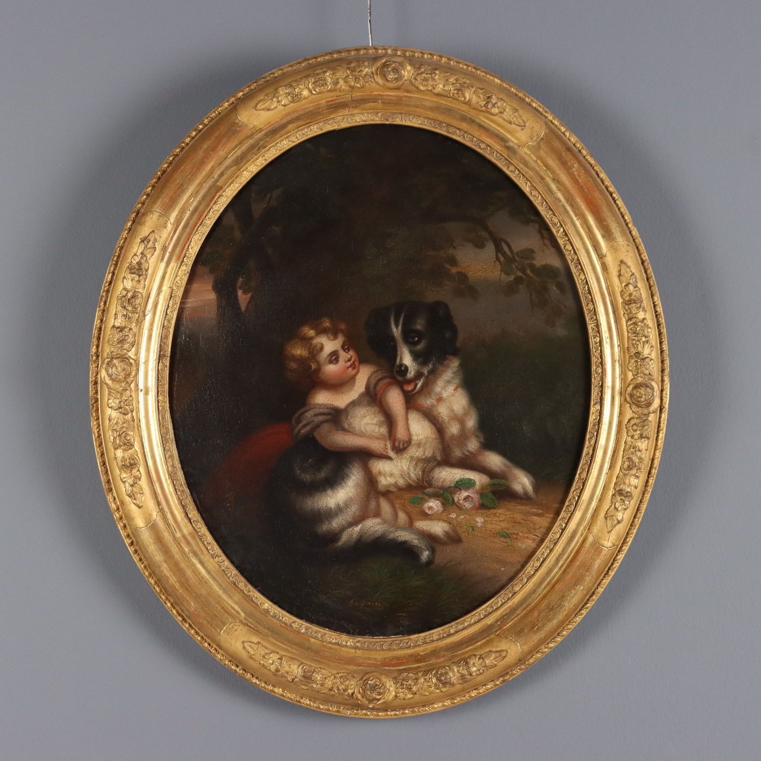 Antique Painting Little Girl With Dog Oil On Canvas XIX Century