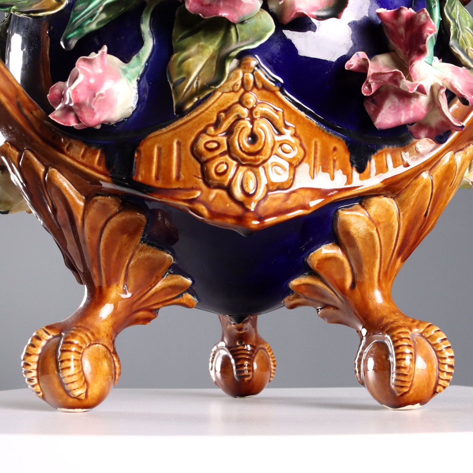 Antique Cache Pot Barbotine Ceramic Decorations Europe XX Century photo vintage
