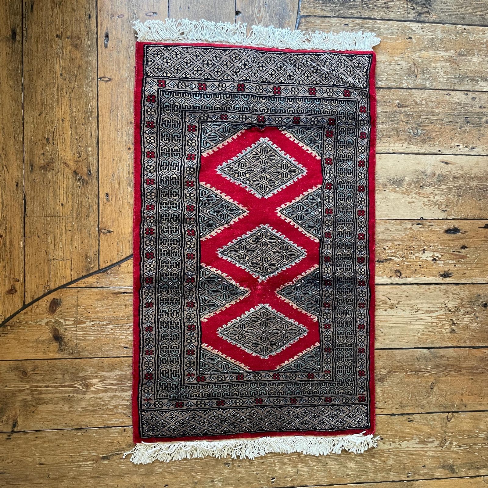 Vintage Wool Rug Hand Knotted Red Geometric Pattern Middle Eastern Carpet Small Area Rug Handmade Boho Floor Decor Accent Rug Tassels photo for sale
