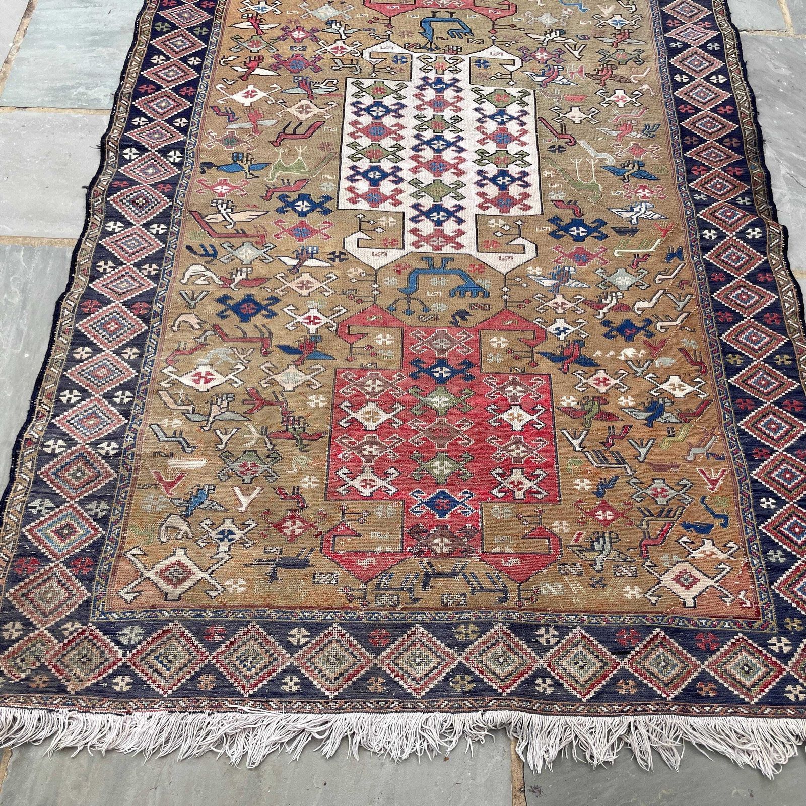 Vintage Wool Rug Handwoven Thin Weave Geometric Design Rectangle Middle Eastern Carpet Handmade Boho Area Rug Tassels Brown Red photo 175.0