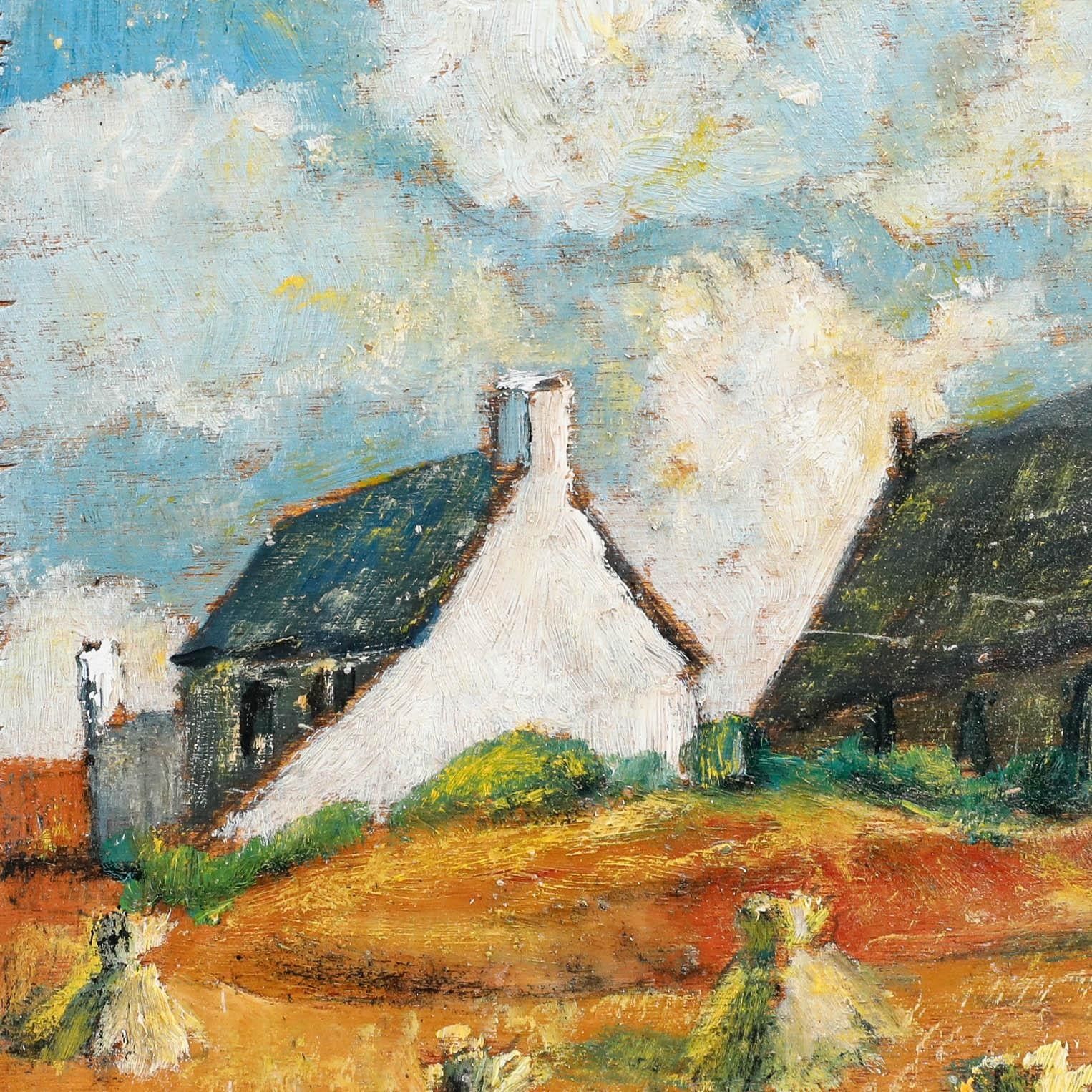 C. Leguen Breton School Mid 20th Century Oil, Harvest Near The Chapel photo Art