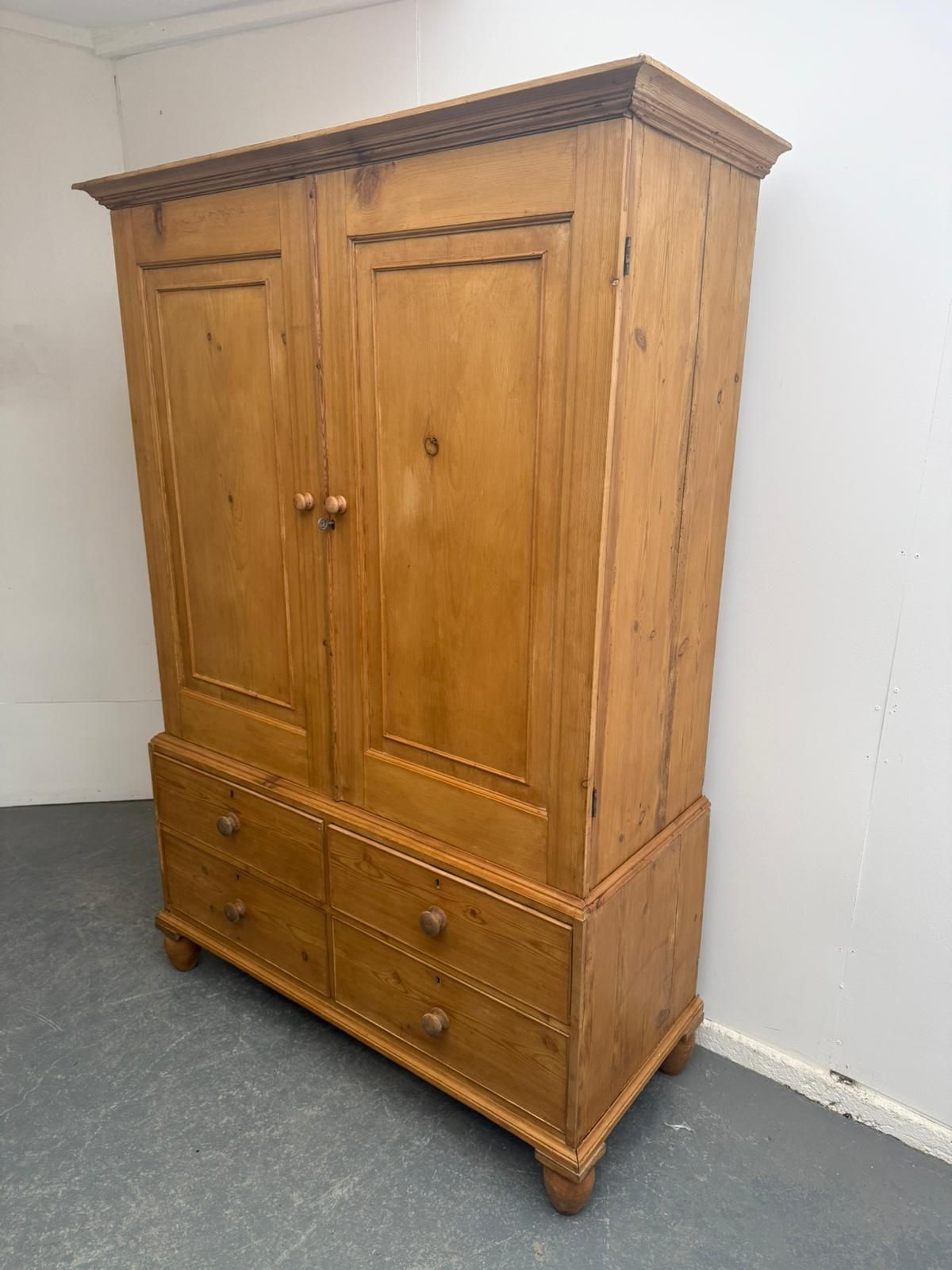 A Superb Pine Victorian Waxed 2 Piece Linen Press / Kitchen Cupboard