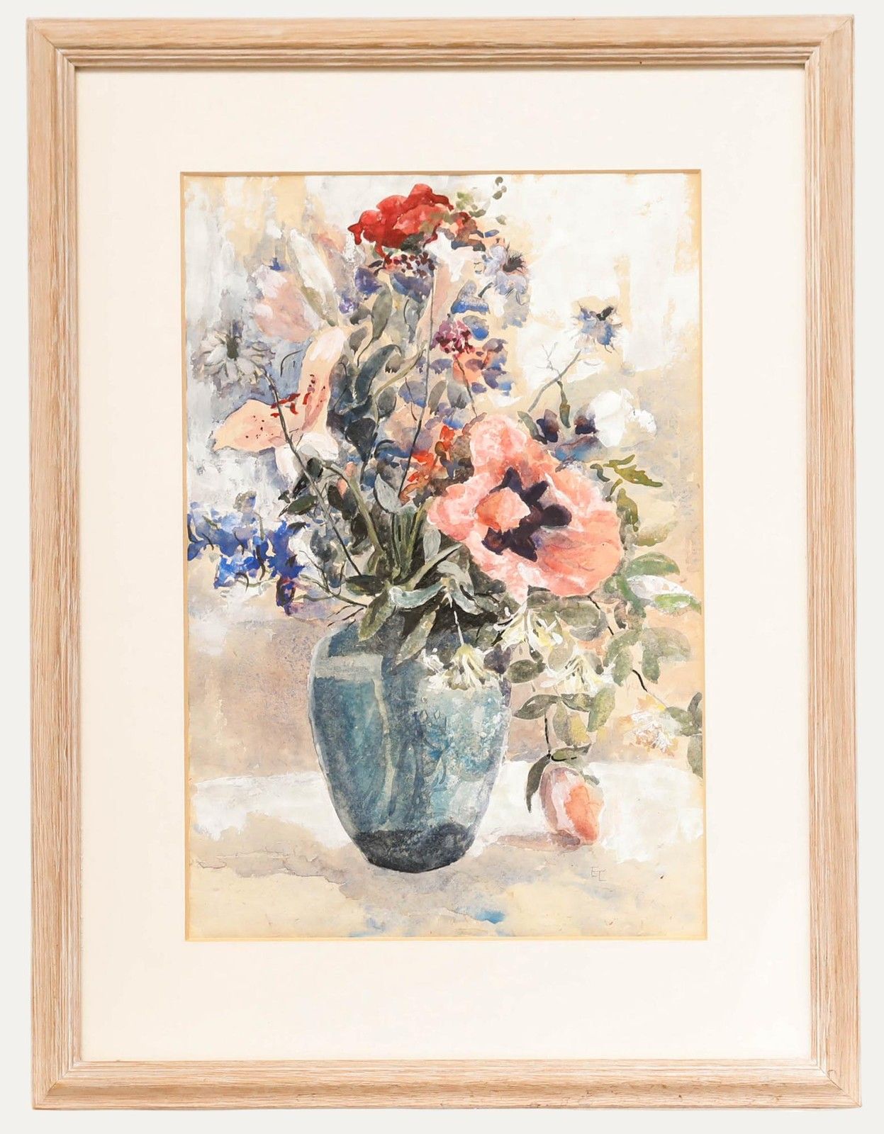 Elizabeth Leach 20th Century Watercolour, Still Life Of Flowers In A Vase