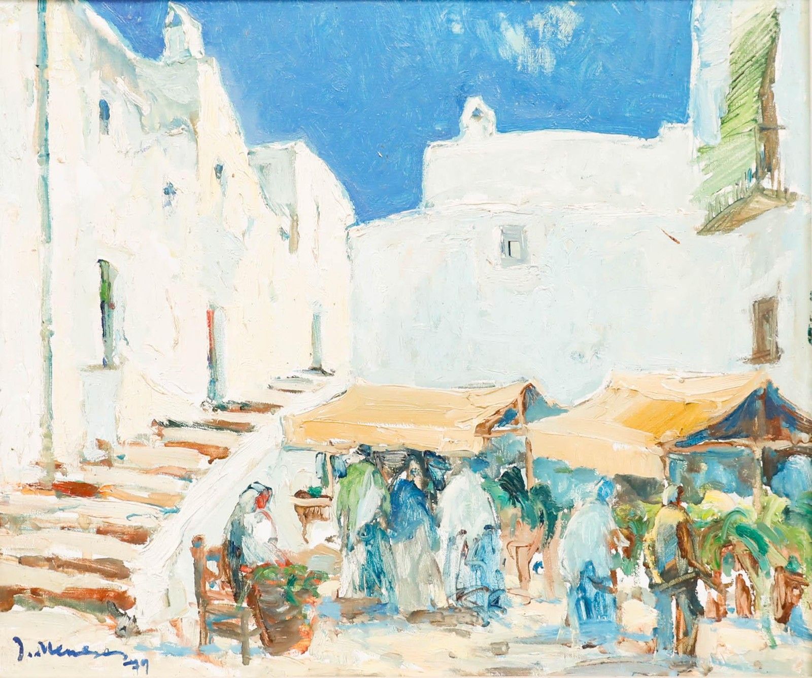 Josep Meneses (B.1930) 1979 Oil, Ibiza Market Scene photo furniture