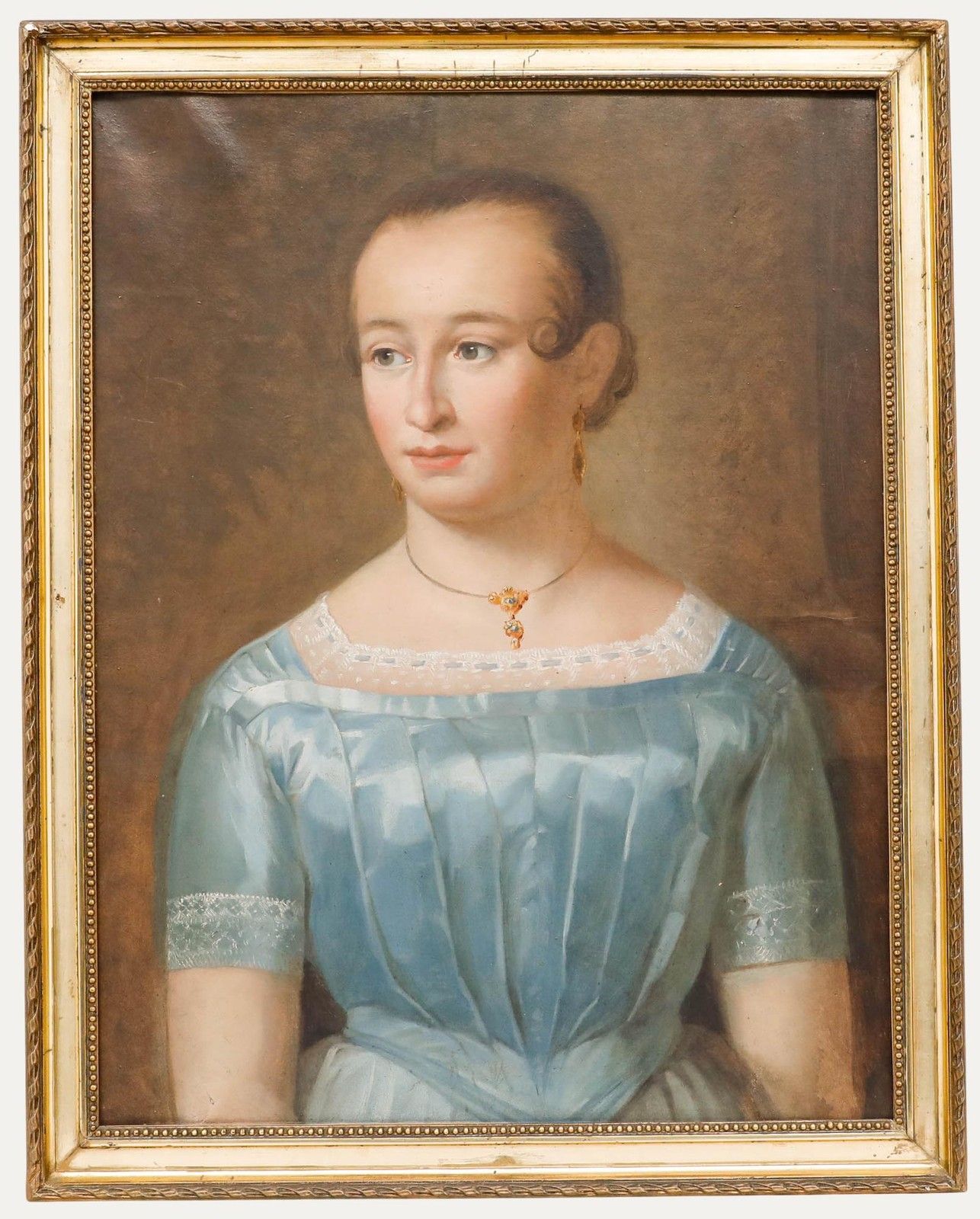 19th Century Oil Portrait Of A Lady In A Blue Dress