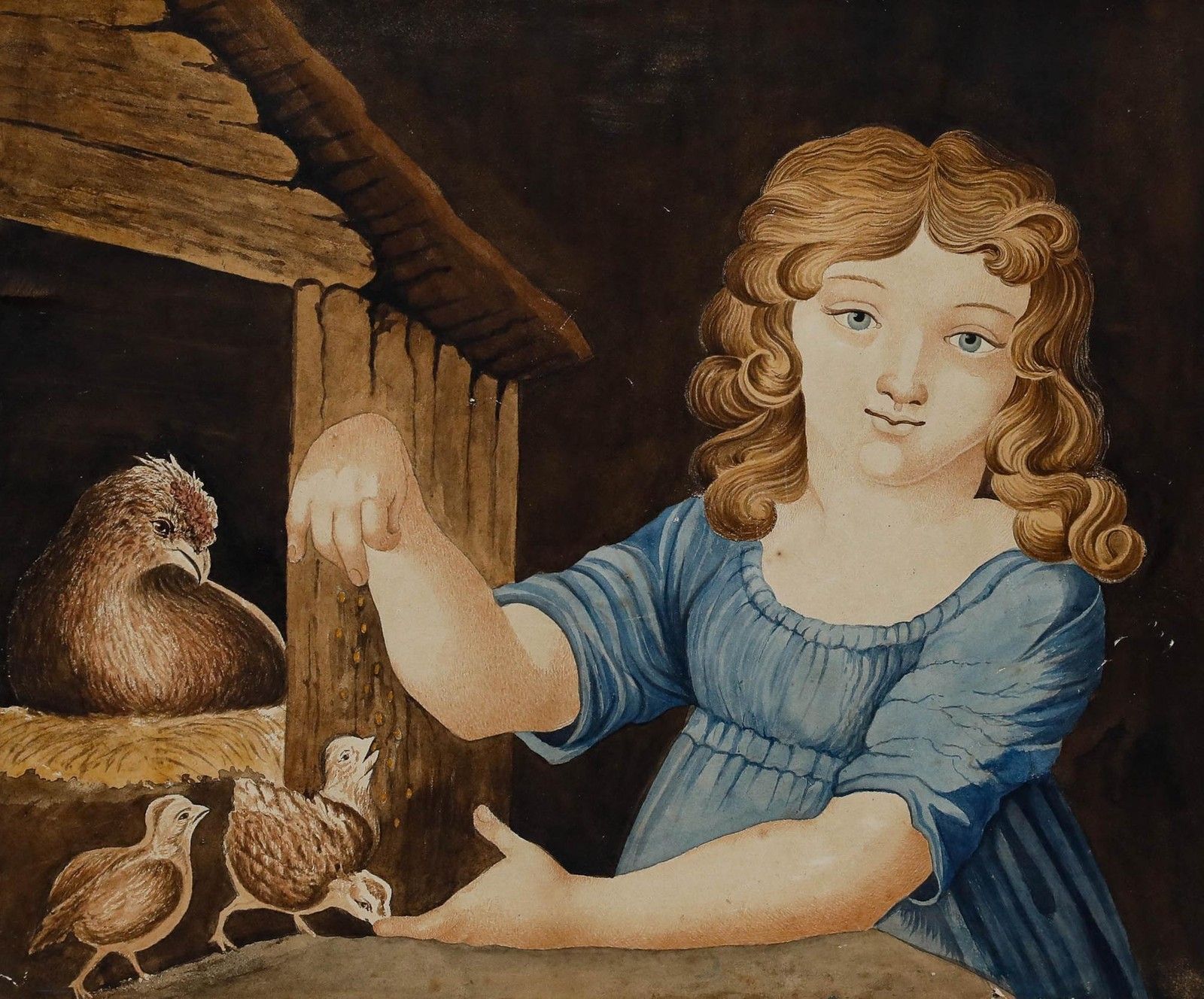 Early 19th Century Watercolour Girl Feeding Chicks photo furniture