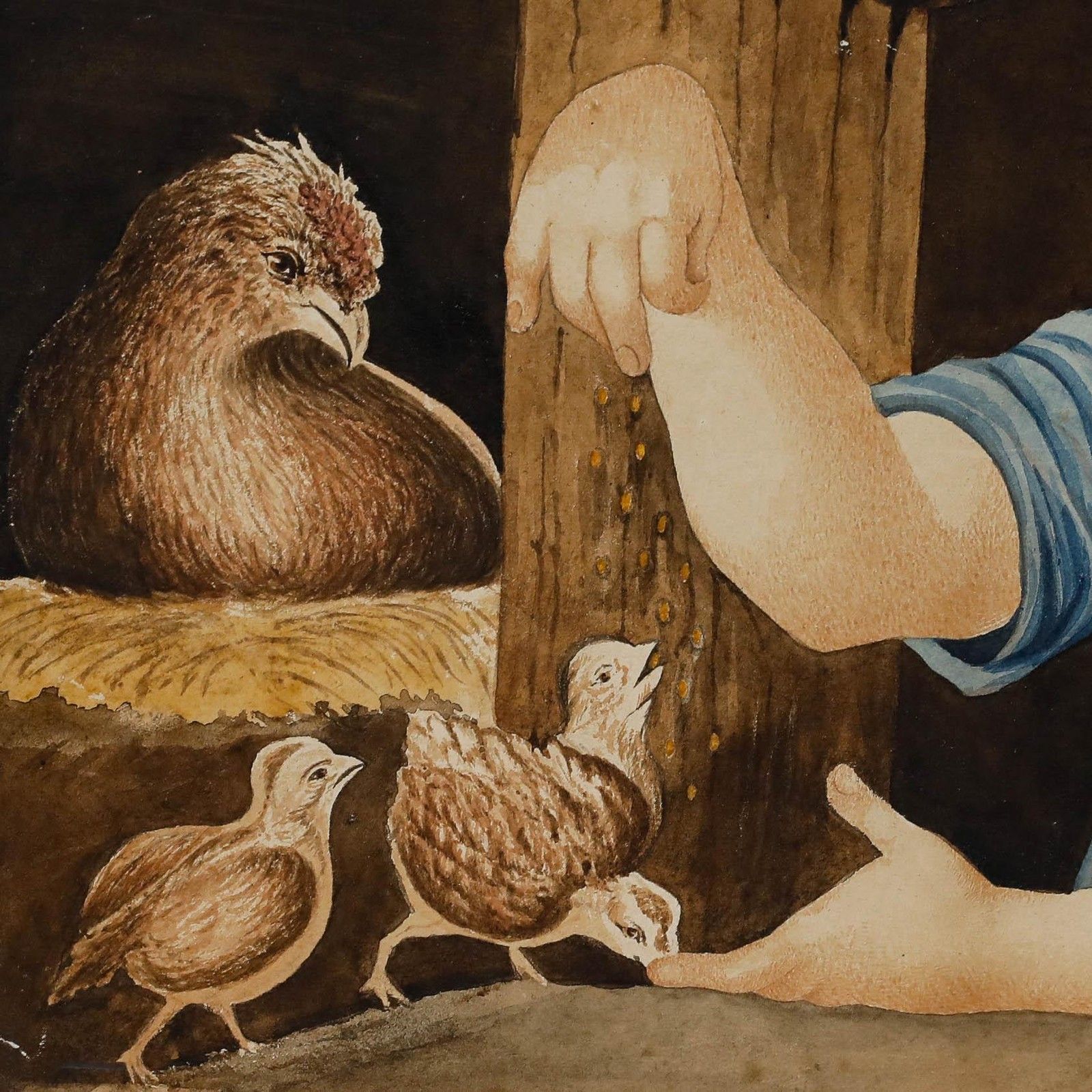 Early 19th Century Watercolour Girl Feeding Chicks photo for sale