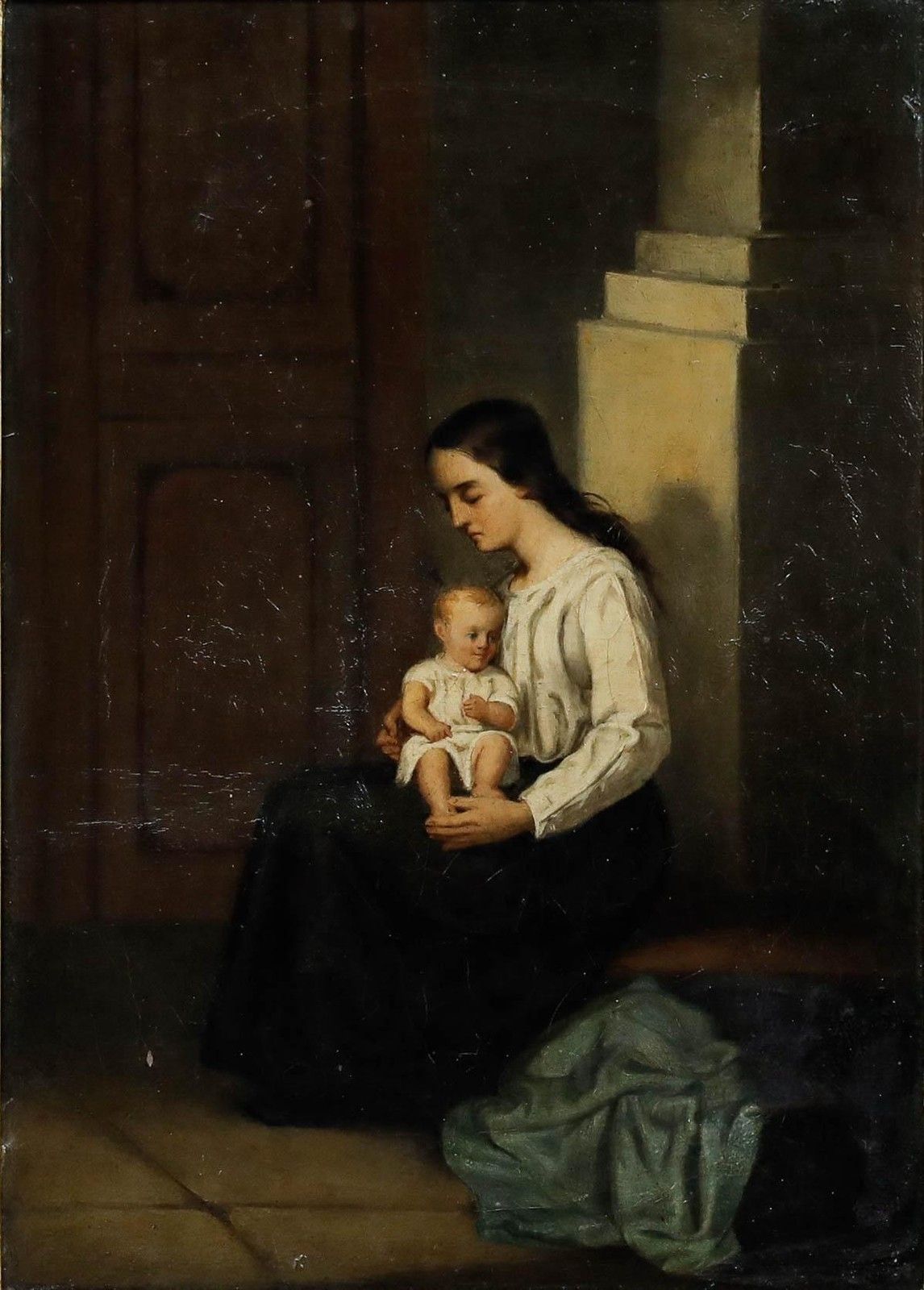 Framed 1853 Oil Young Mother And Child photo furniture