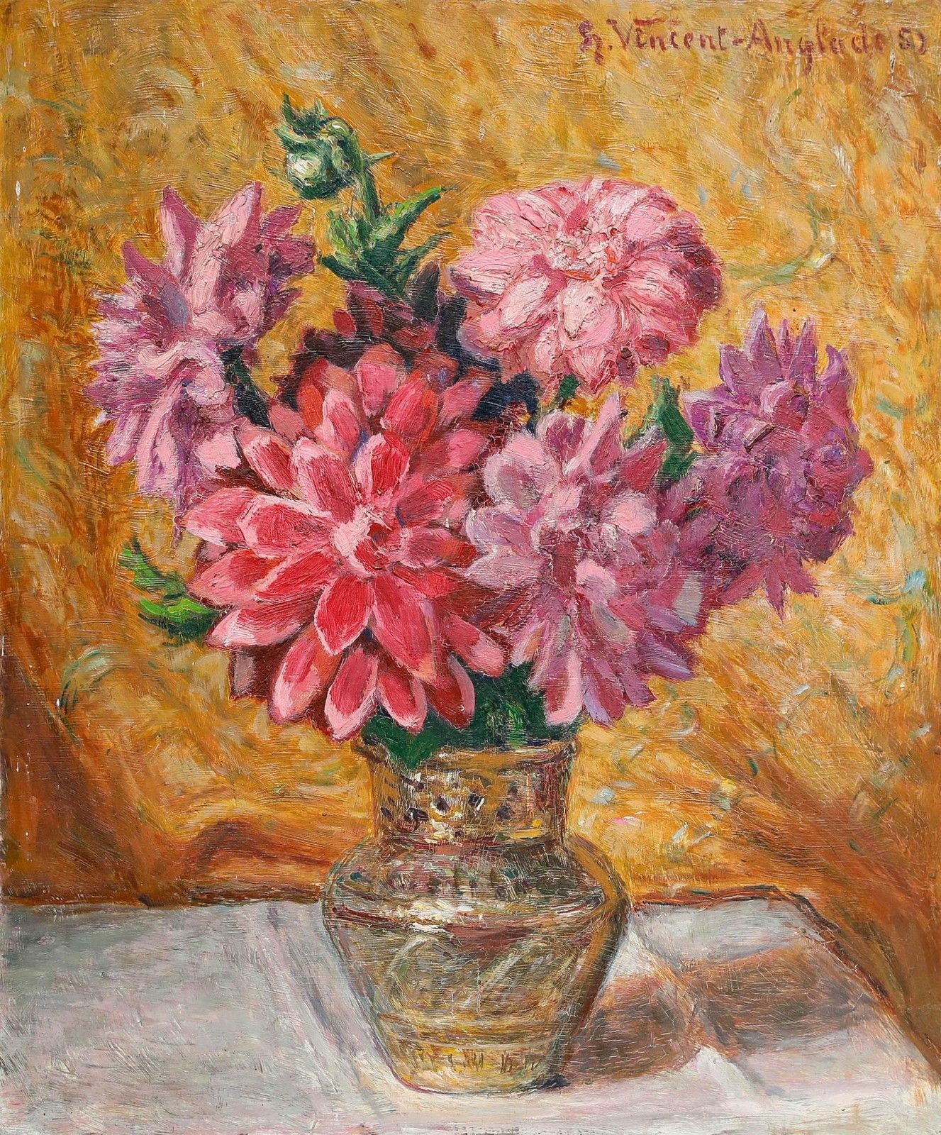Henri Vincent Anglade (1876 1956) 1951 Oil, A Study Of Dahlias photo furniture