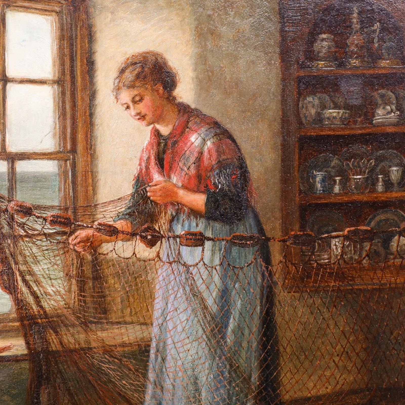 Edith Hume (1843 1906) 19th Century Oil, Mending Nets photo Art