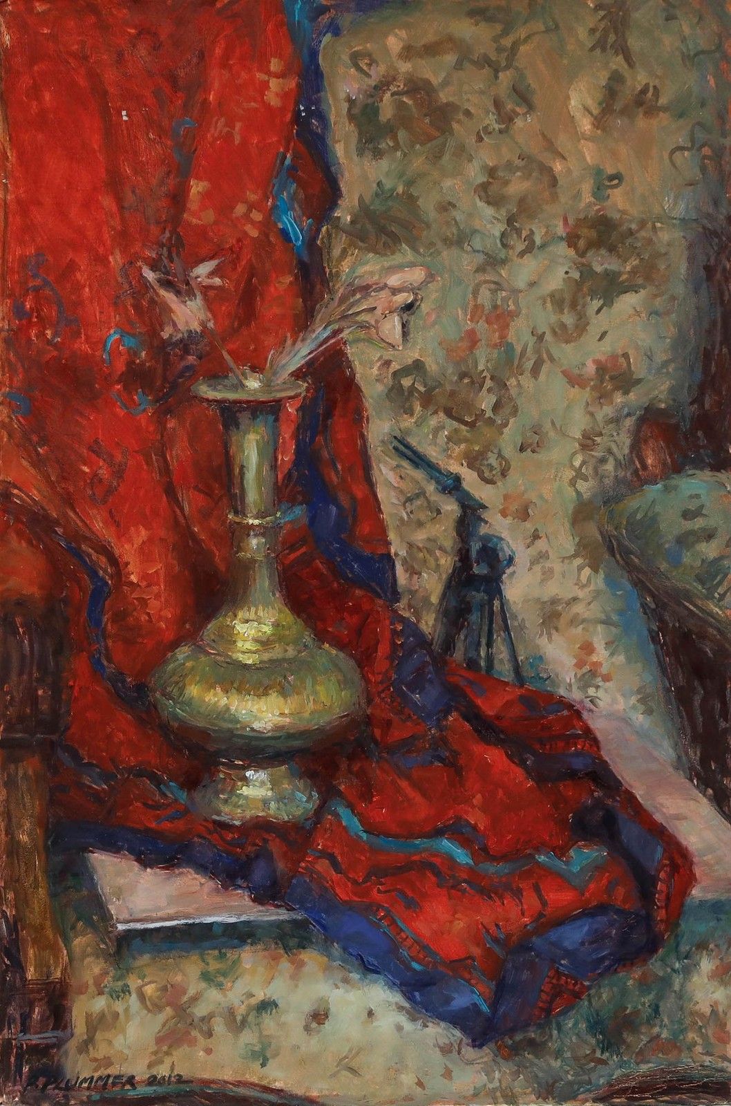 Pauline Plummer (B.1933) Contemporary Oil, Still Life With Brass Vase photo furniture