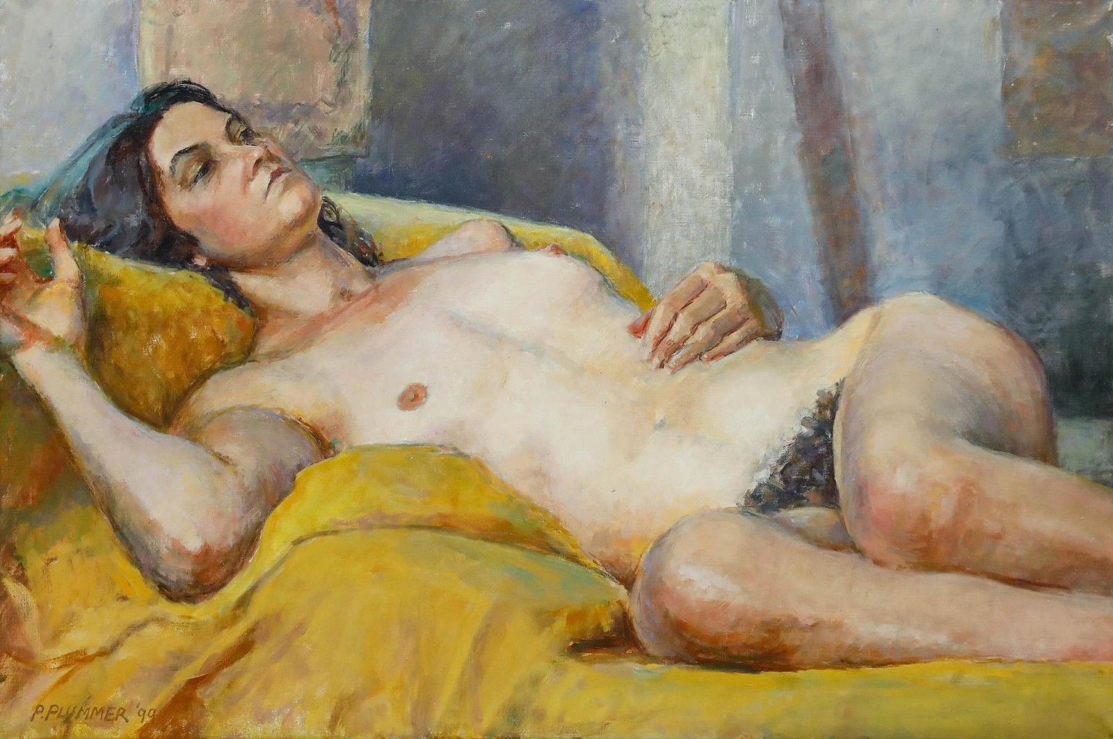 Pauline Plummer (B.1933) Framed Contemporary Oil, Lady On The Yellow Throw photo furniture
