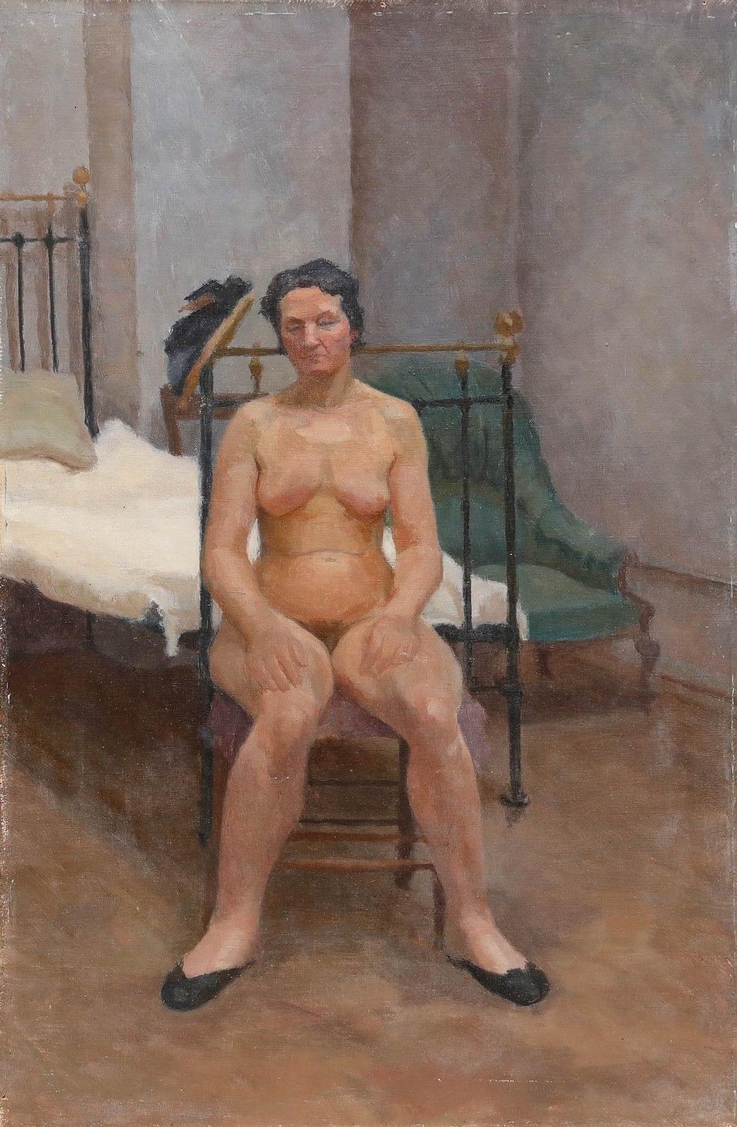 Pauline Plummer (B.1933) Mid 20th Century Oil, Nude In The Bedroom photo furniture