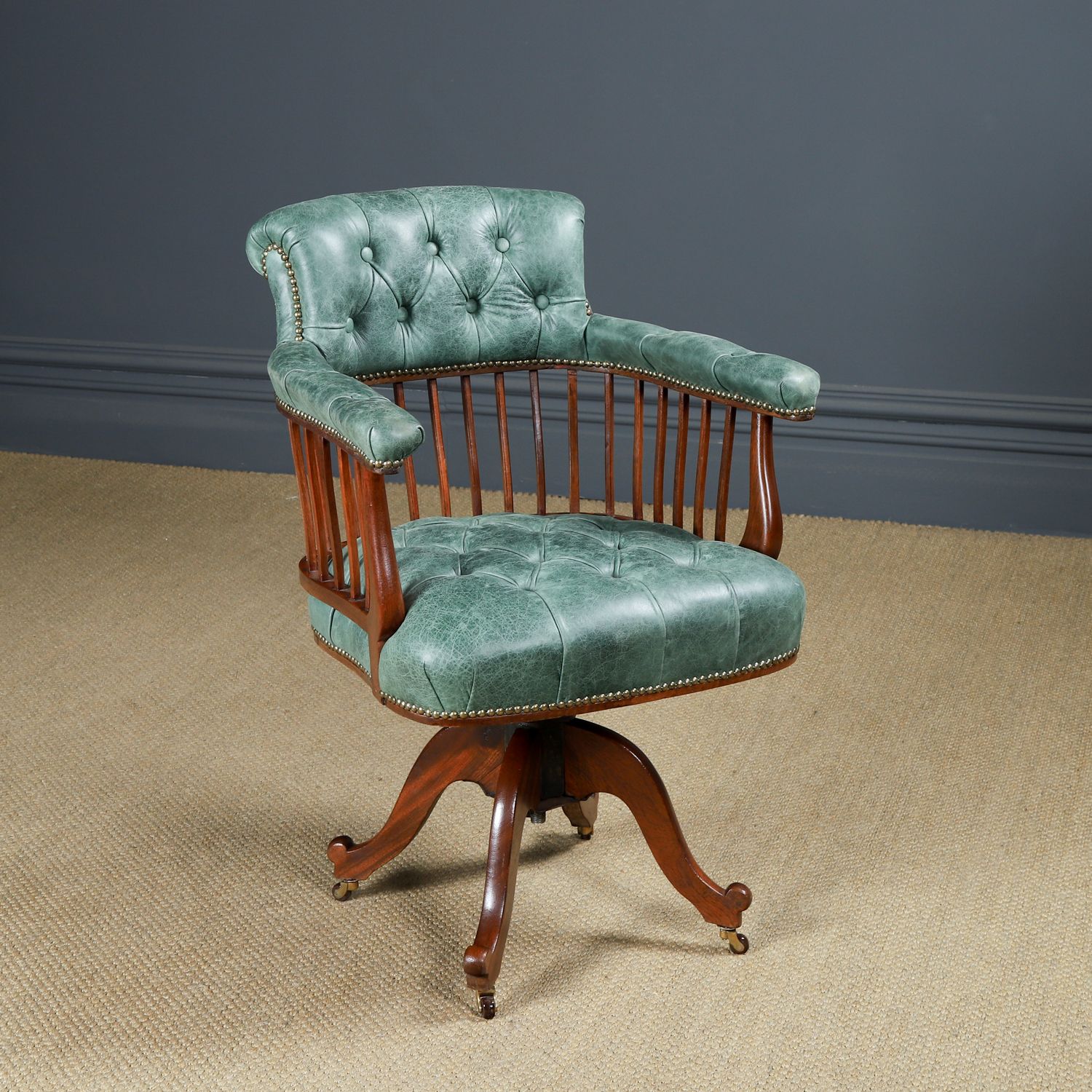 English Victorian Mahogany & Distressed Green Leather Revolving Office Desk Chair (Circa 1880)