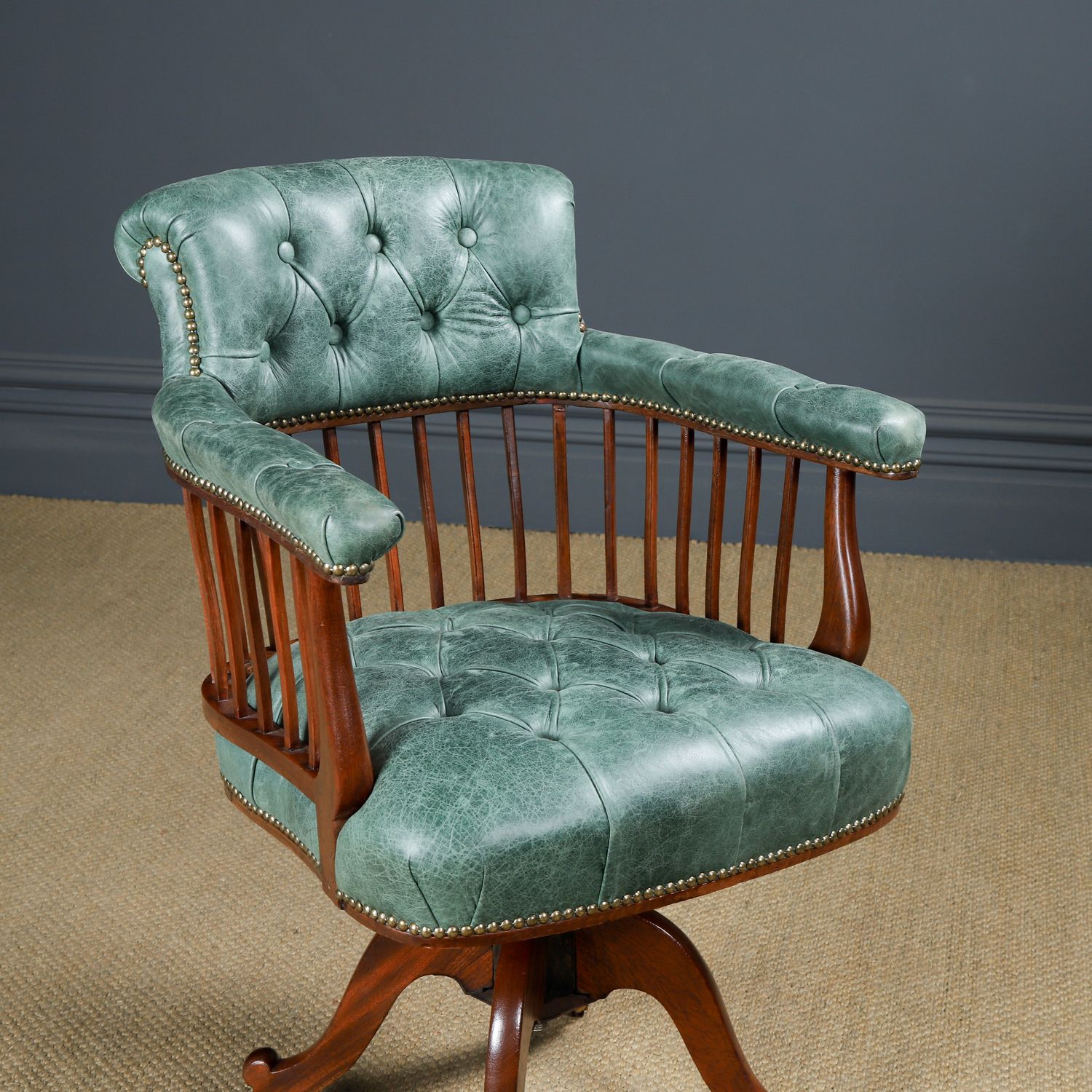 English Victorian Mahogany & Distressed Green Leather Revolving Office Desk Chair (Circa 1880) photo furniture