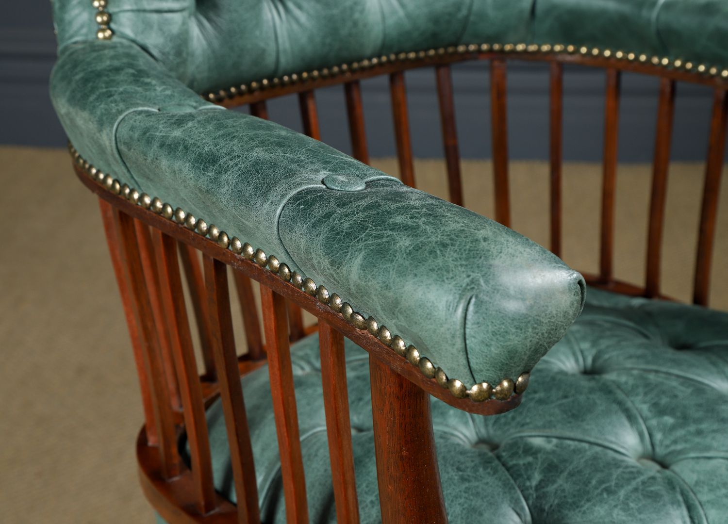 English Victorian Mahogany & Distressed Green Leather Revolving Office Desk Chair (Circa 1880) photo Furniture
