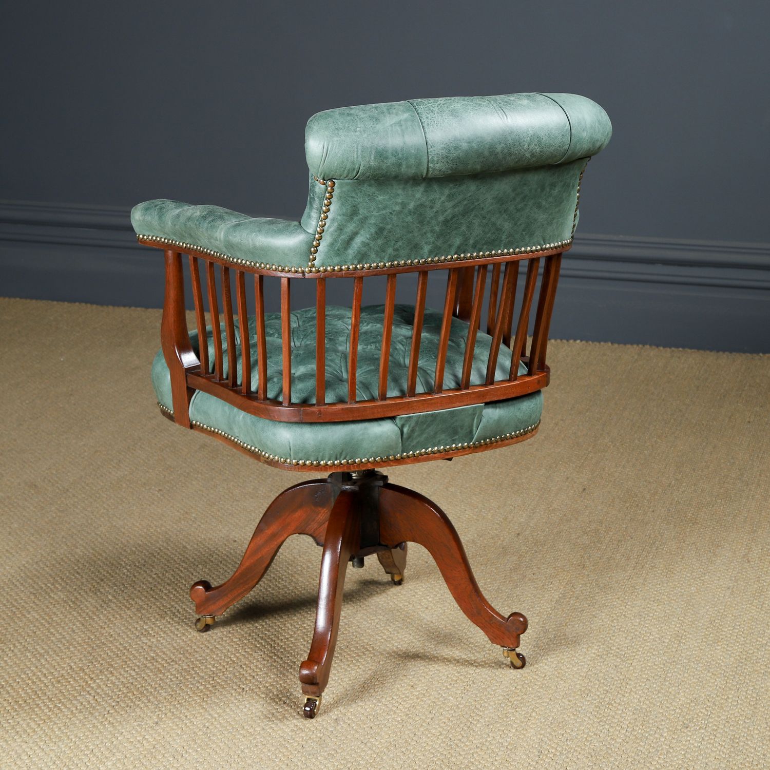 English Victorian Mahogany & Distressed Green Leather Revolving Office Desk Chair (Circa 1880) photo vintage