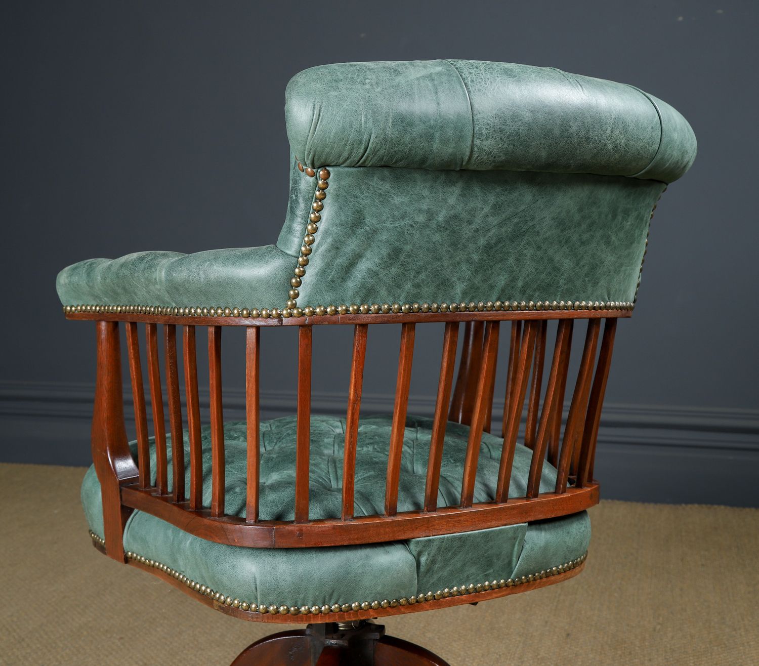 Furniture English Victorian Mahogany & Distressed Green Leather Revolving Office Desk Chair (Circa 1880) photo