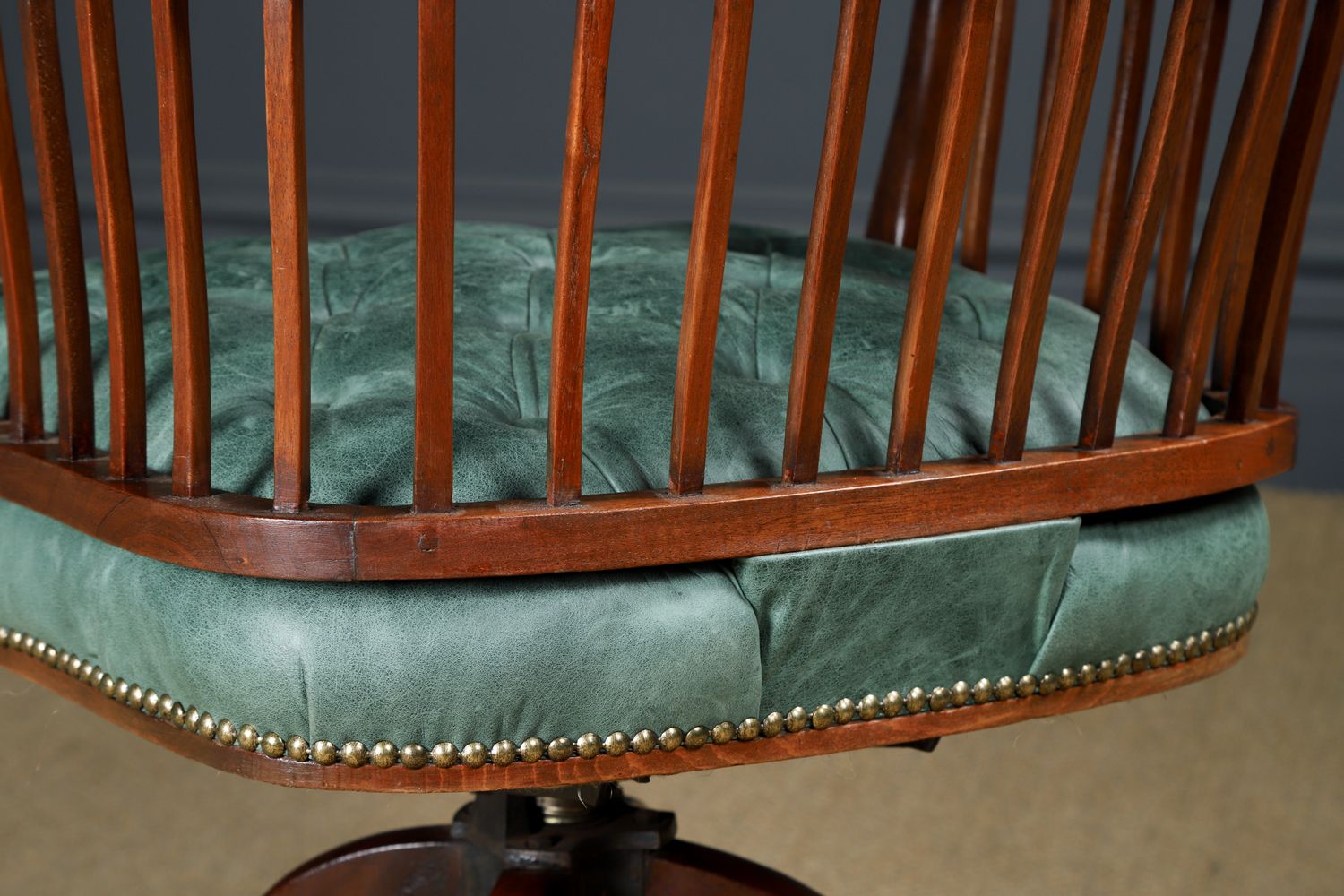 2450.0 English Victorian Mahogany & Distressed Green Leather Revolving Office Desk Chair (Circa 1880) photo