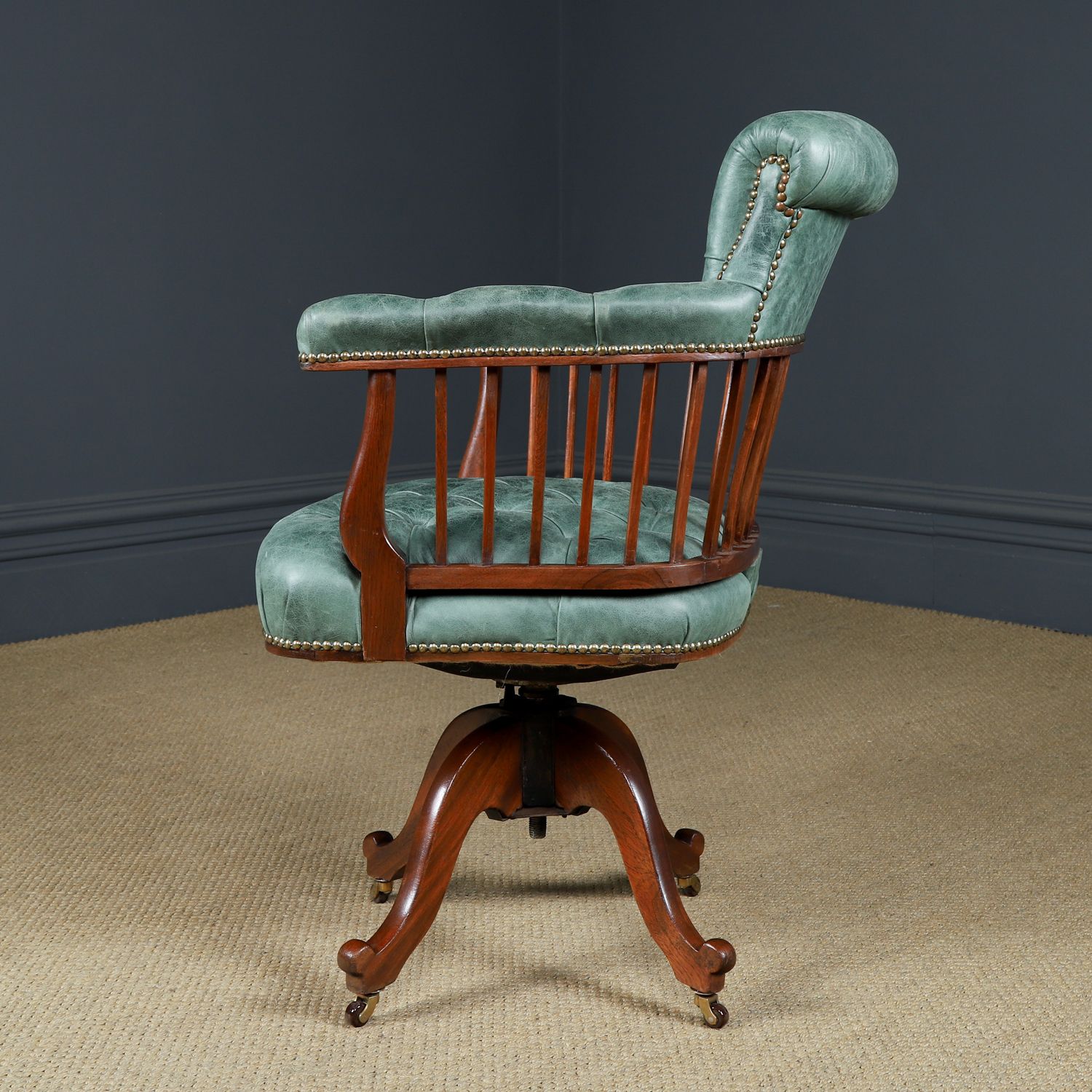 photo vinterior English Victorian Mahogany & Distressed Green Leather Revolving Office Desk Chair (Circa 1880)