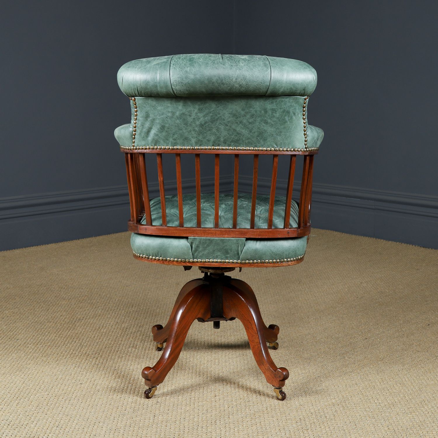 English Victorian Mahogany & Distressed Green Leather Revolving Office Desk Chair (Circa 1880) photo 2450.0