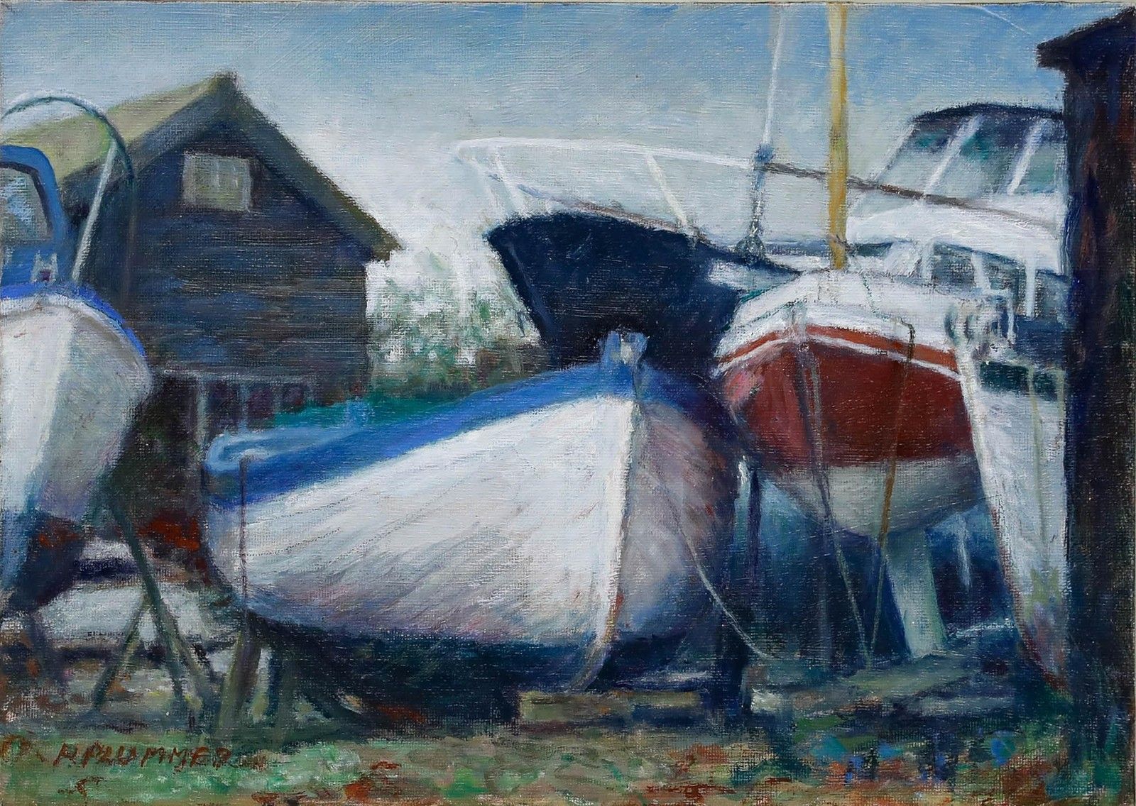 Pauline Plummer (B.1933) Contemporary Oil, Study Of Boats photo furniture