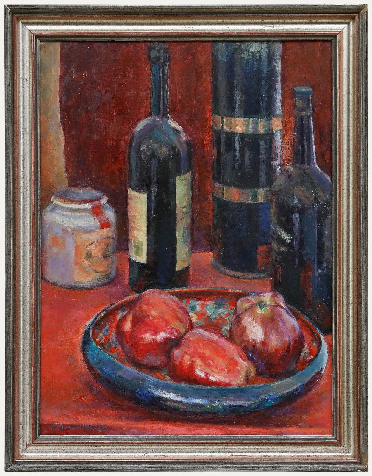 Pauline Plummer (B.1933) 2000 Oil, Still Life With Wine And Apples