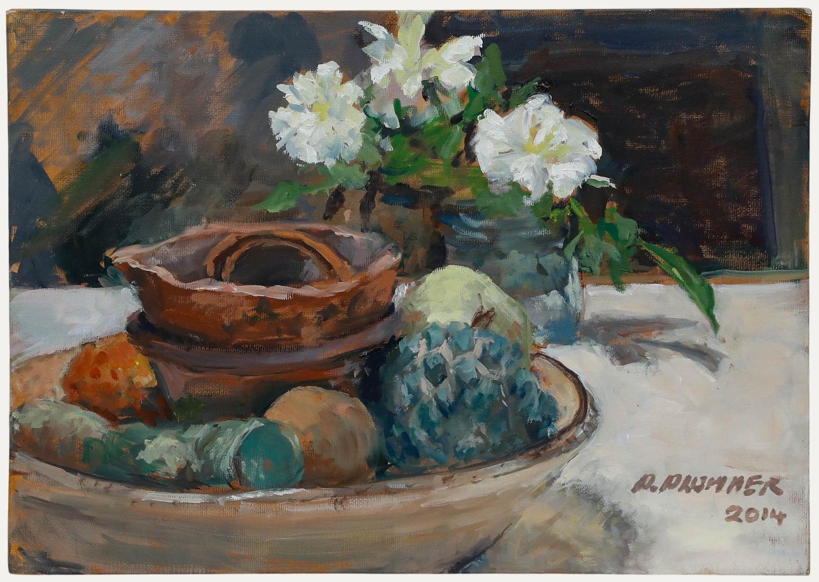 Pauline Plummer (B.1933) Contemporary Oil, Fruit Bowl & White Flowers