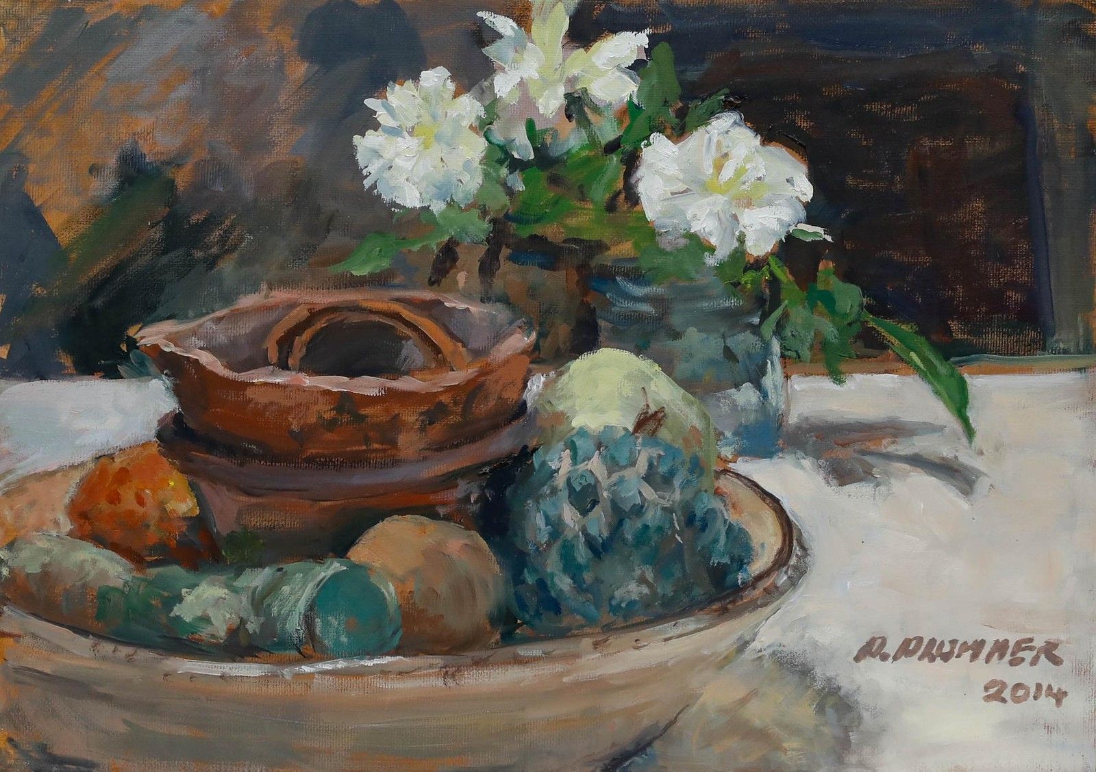 Pauline Plummer (B.1933) Contemporary Oil, Fruit Bowl & White Flowers photo furniture
