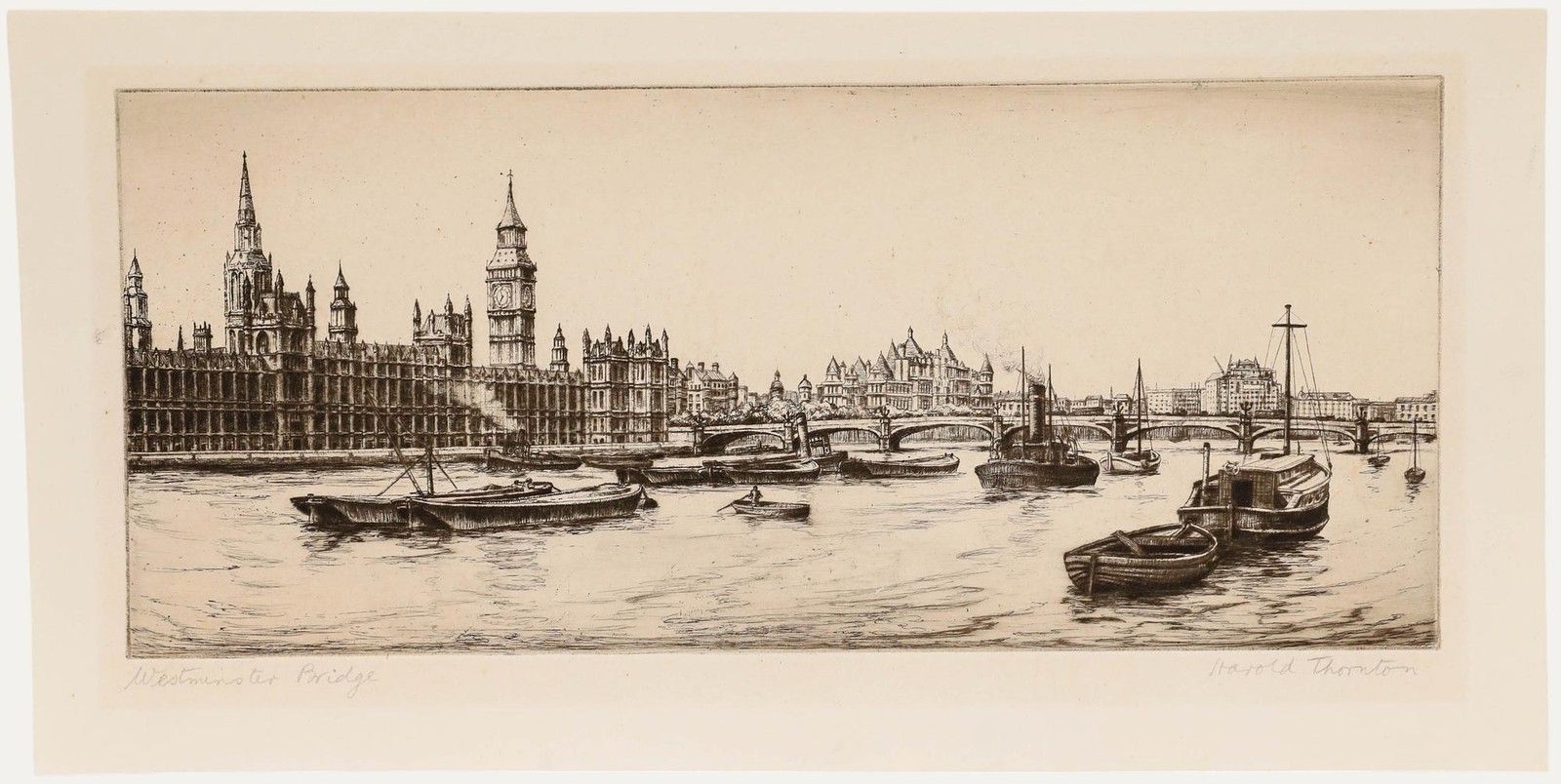 Harold Thornton (1892 1958) Early 20th Century Etching, Westminster Bridge