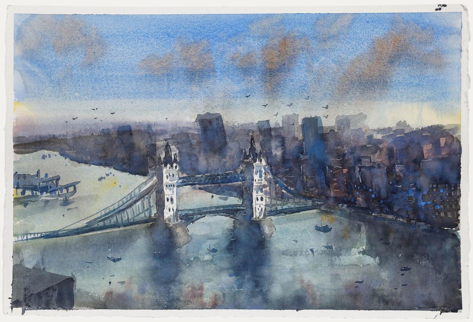Daniel Nichols Contemporary Watercolour, Aerial View Of Tower Bridge