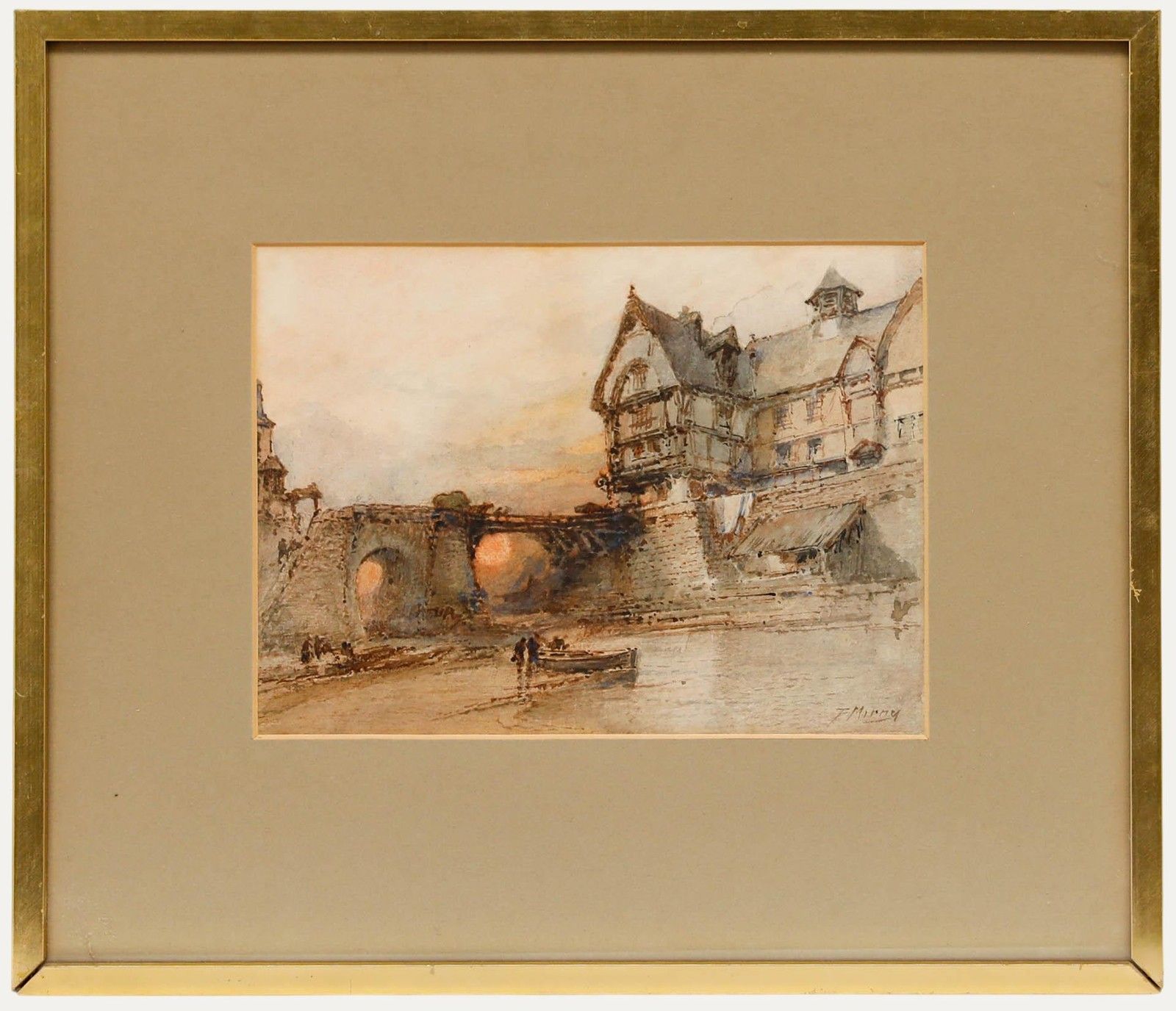 Paul Marny (1829 1914) Framed Watercolour, River Boat By The Bridge