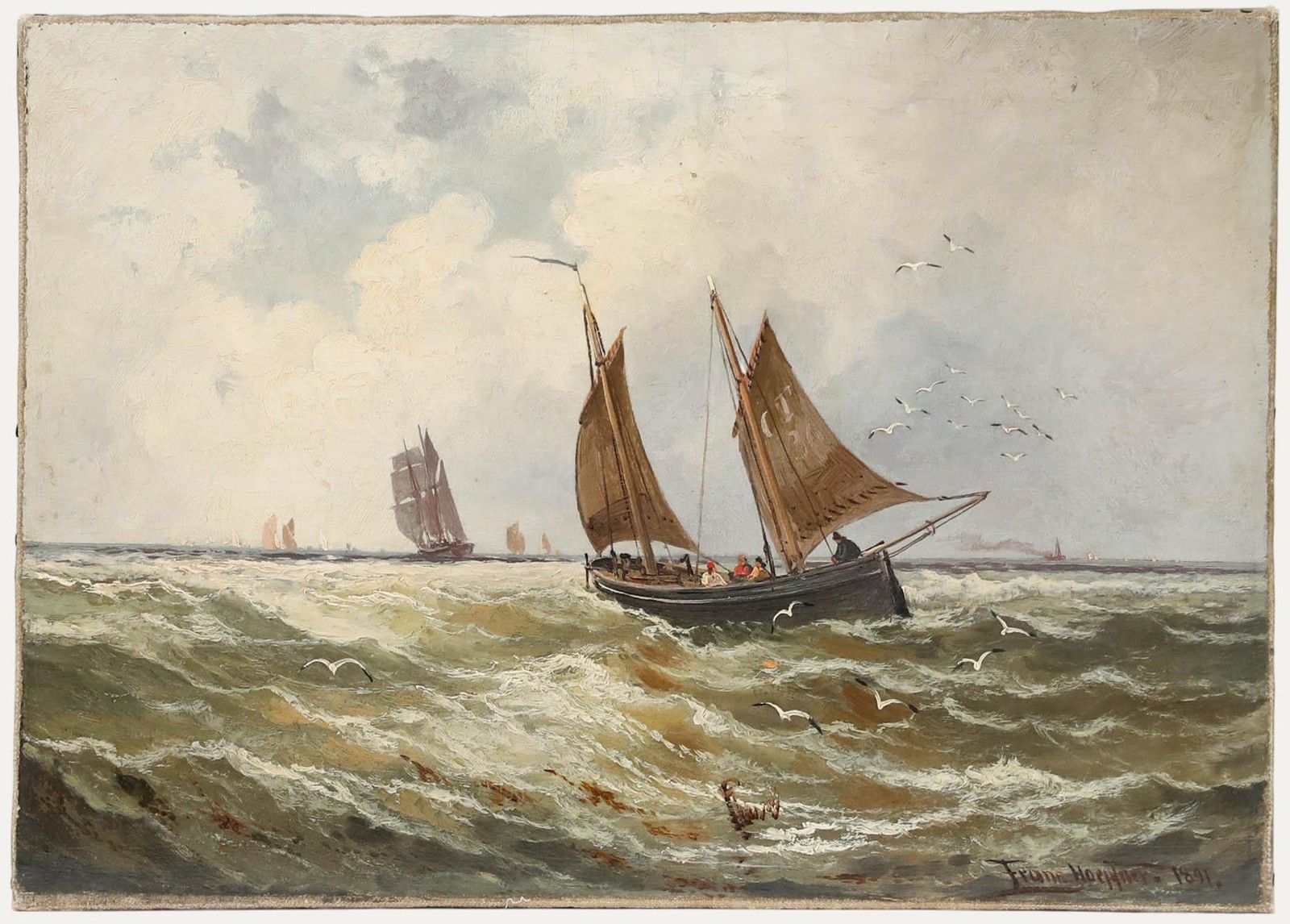 Franz Hoepfner (1853 1891) German School Oil, Braving Choppy Waters