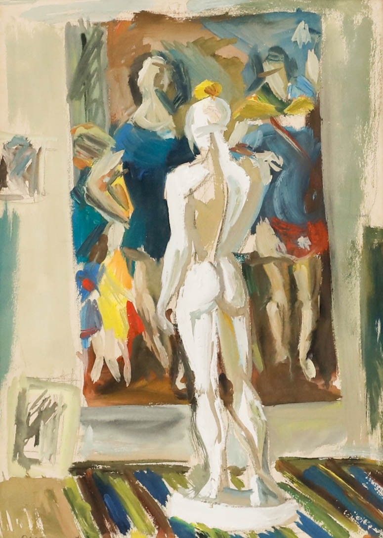 Sylviane Descarpentries (1925 2016) Contemporary Gouache, Study Of A Statue photo furniture
