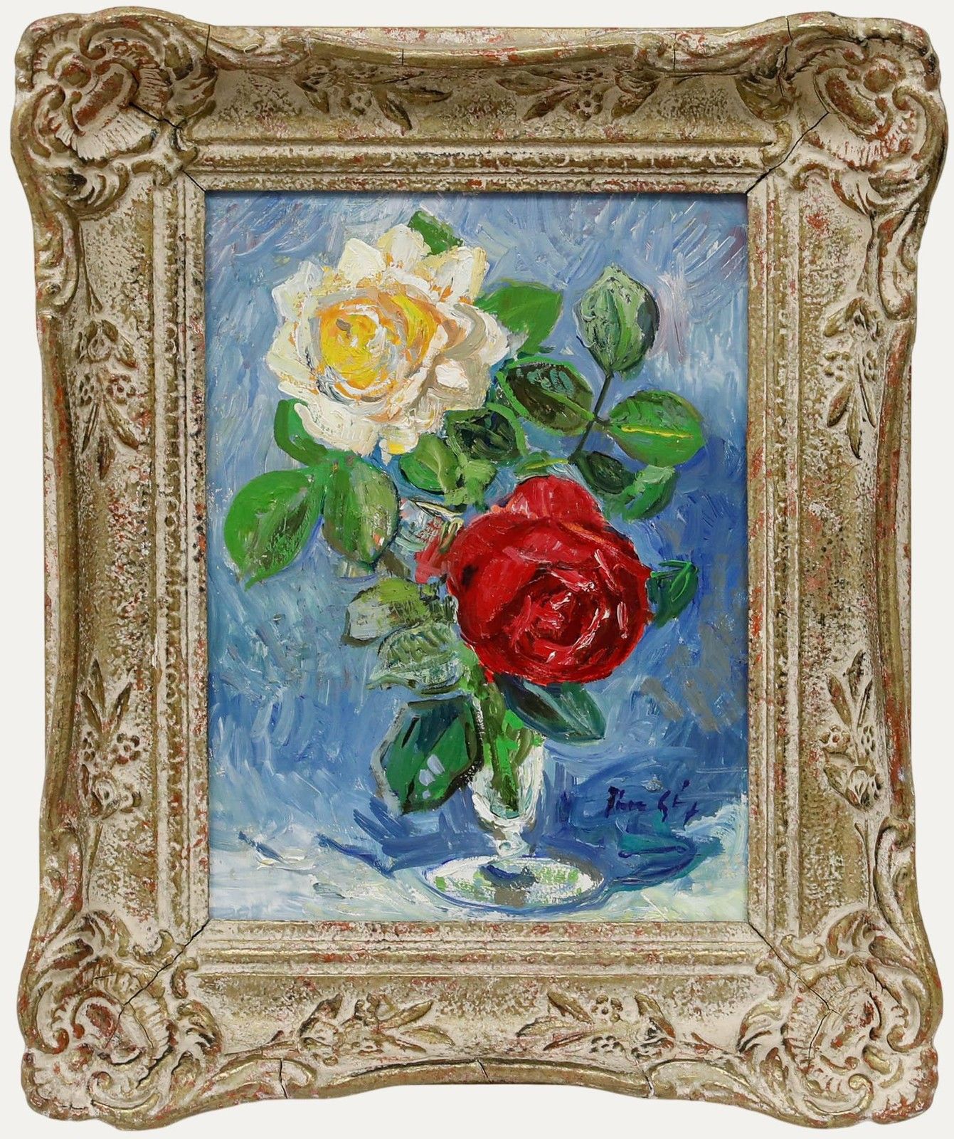 Thomas Rauer Framed Mid 20th Century Oil, Roses In A Glass Vase