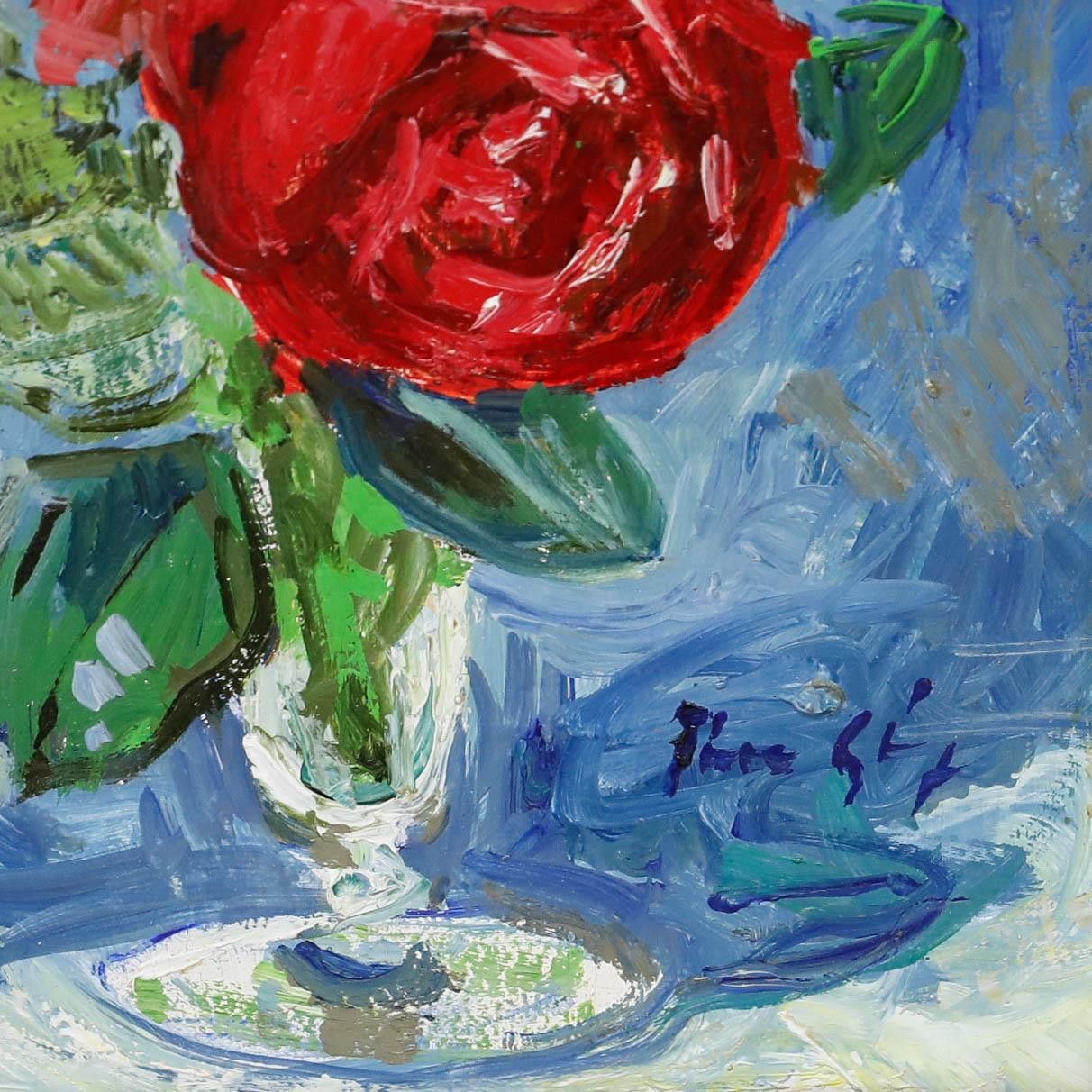 Thomas Rauer Framed Mid 20th Century Oil, Roses In A Glass Vase photo buy