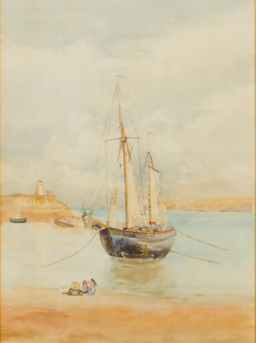 Early 20th Century Watercolour Waiting For Fishing Boats photo furniture