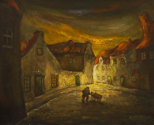Arthur Hellebaut (B.1927) 20th Century Oil, The Street At Midnight photo furniture