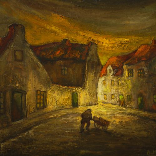 Arthur Hellebaut (B.1927) 20th Century Oil, The Street At Midnight photo Art