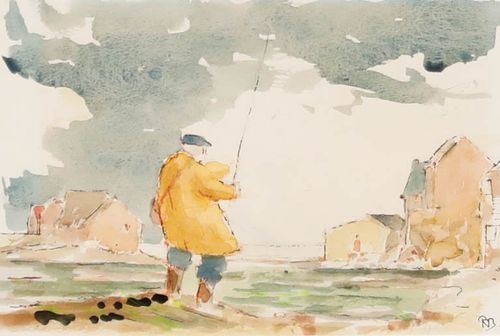 Roland Batchelor (1889 1990) Framed Watercolour, Fisherman In His Yellow Mac photo furniture