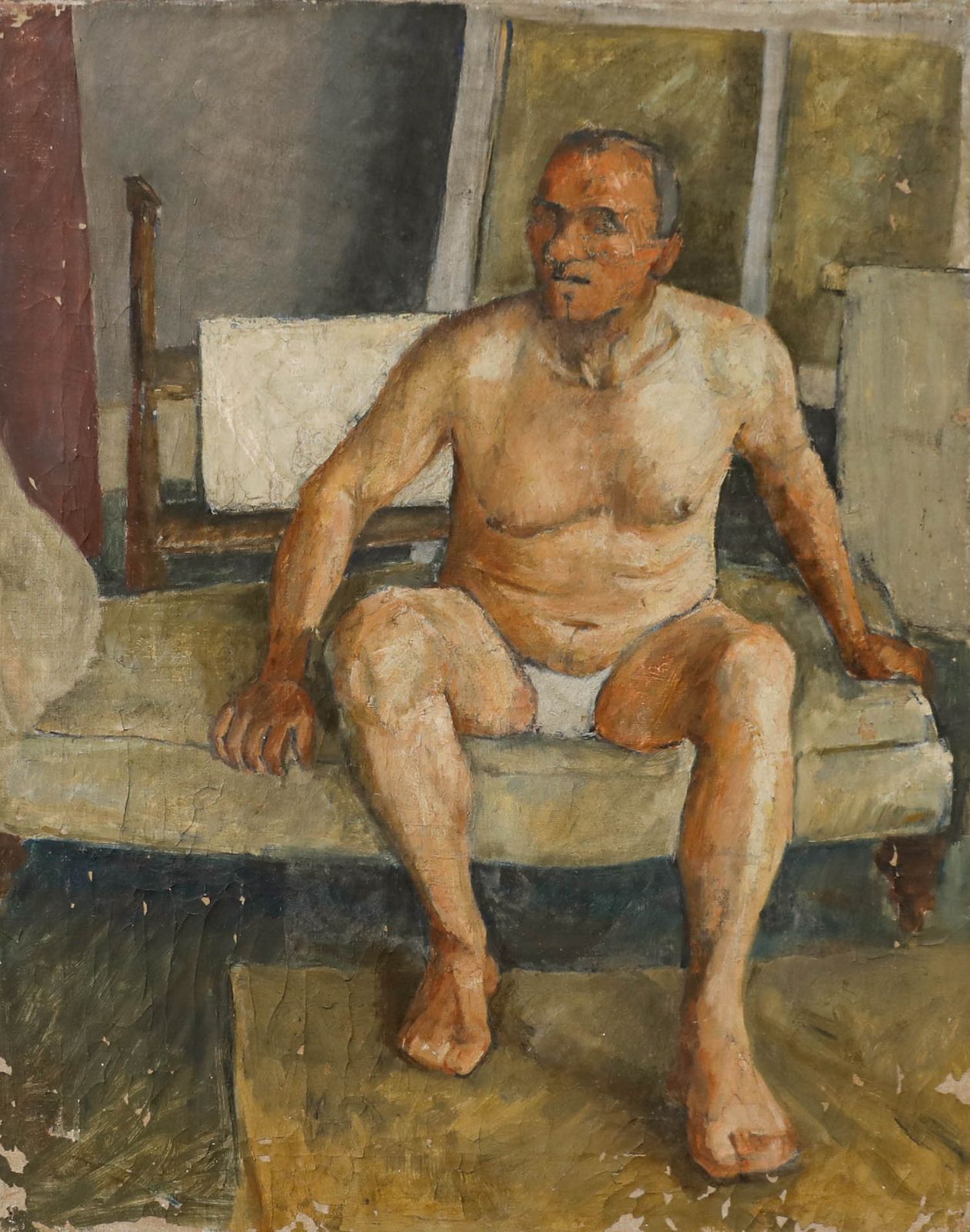 British School Mid 20th Century Oil Seated Male Nude photo furniture