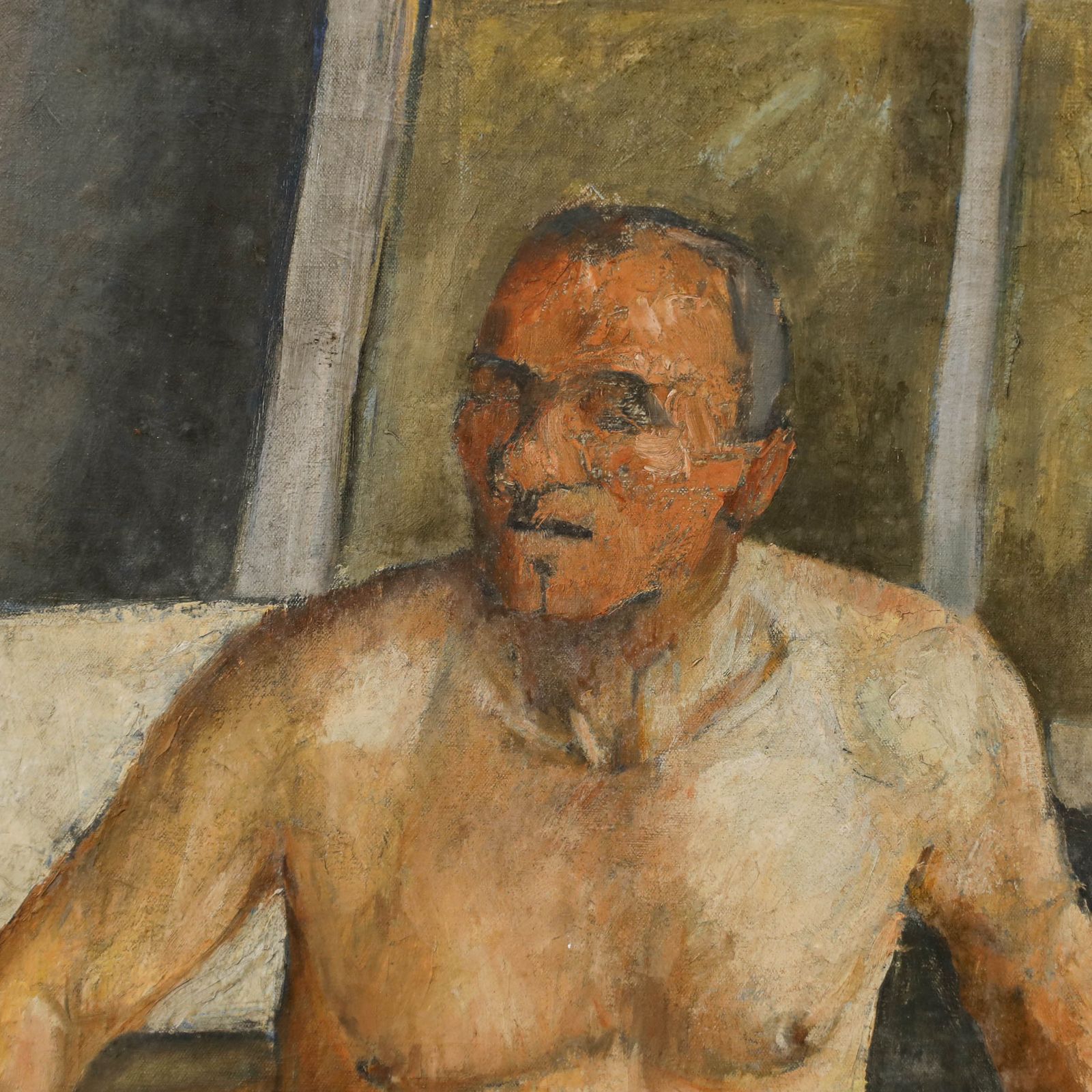 British School Mid 20th Century Oil Seated Male Nude photo Art
